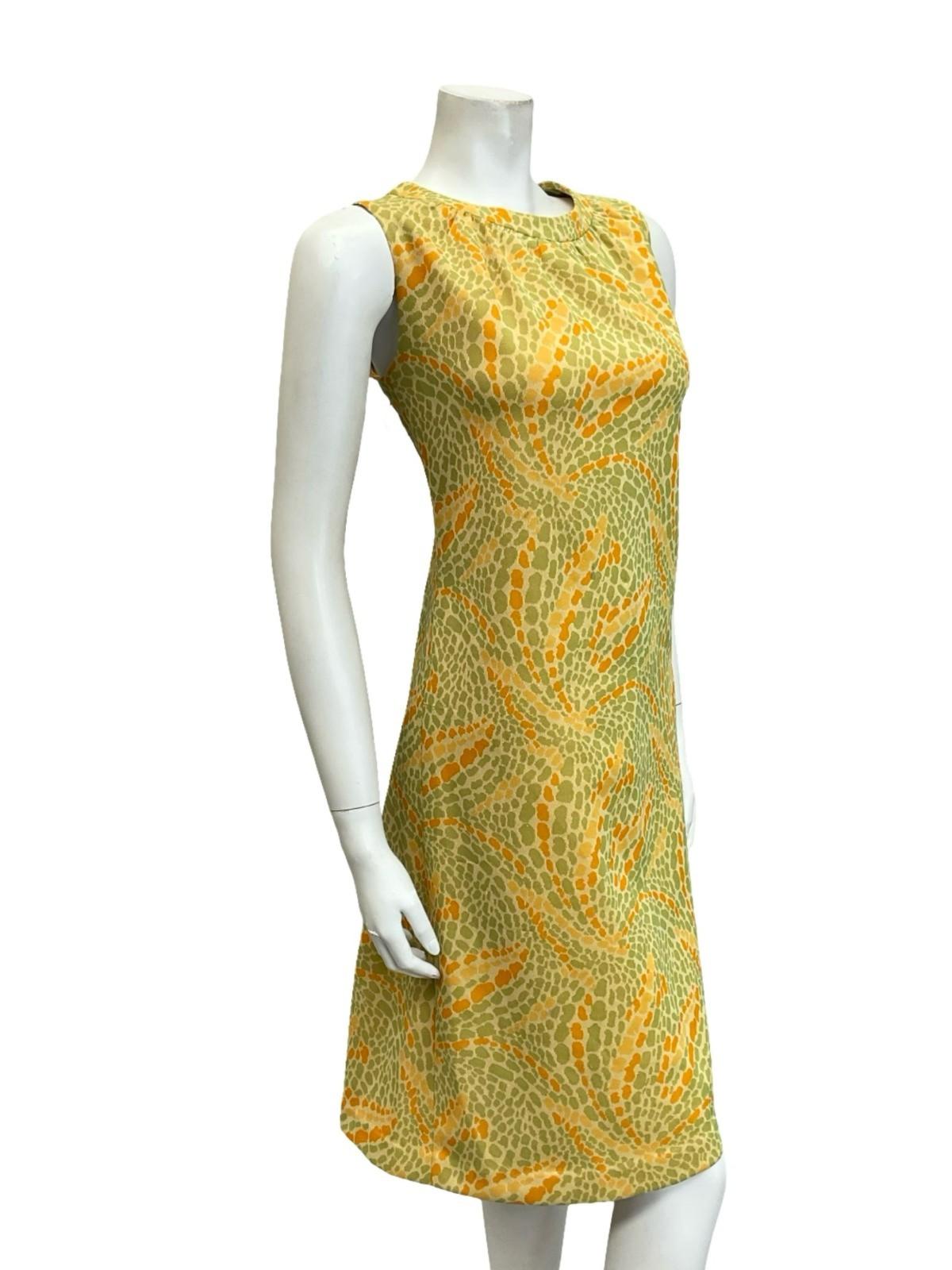 VTG 60S MOD PSYCHEDELIC DOTTY SWIRL GREEN ORANGE YELLOW SHIFT MIDI DRESS 12