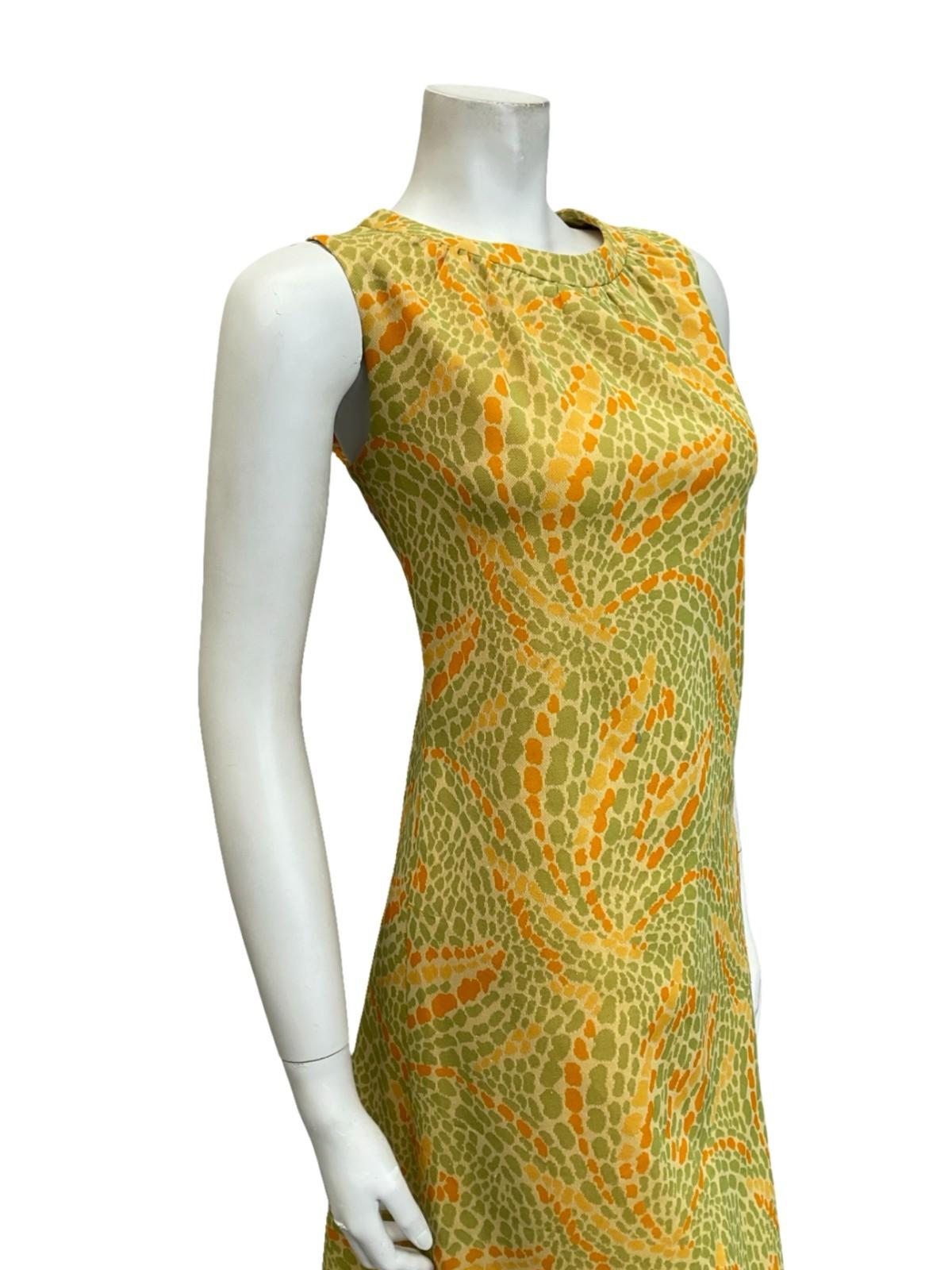 VTG 60S MOD PSYCHEDELIC DOTTY SWIRL GREEN ORANGE YELLOW SHIFT MIDI DRESS 12