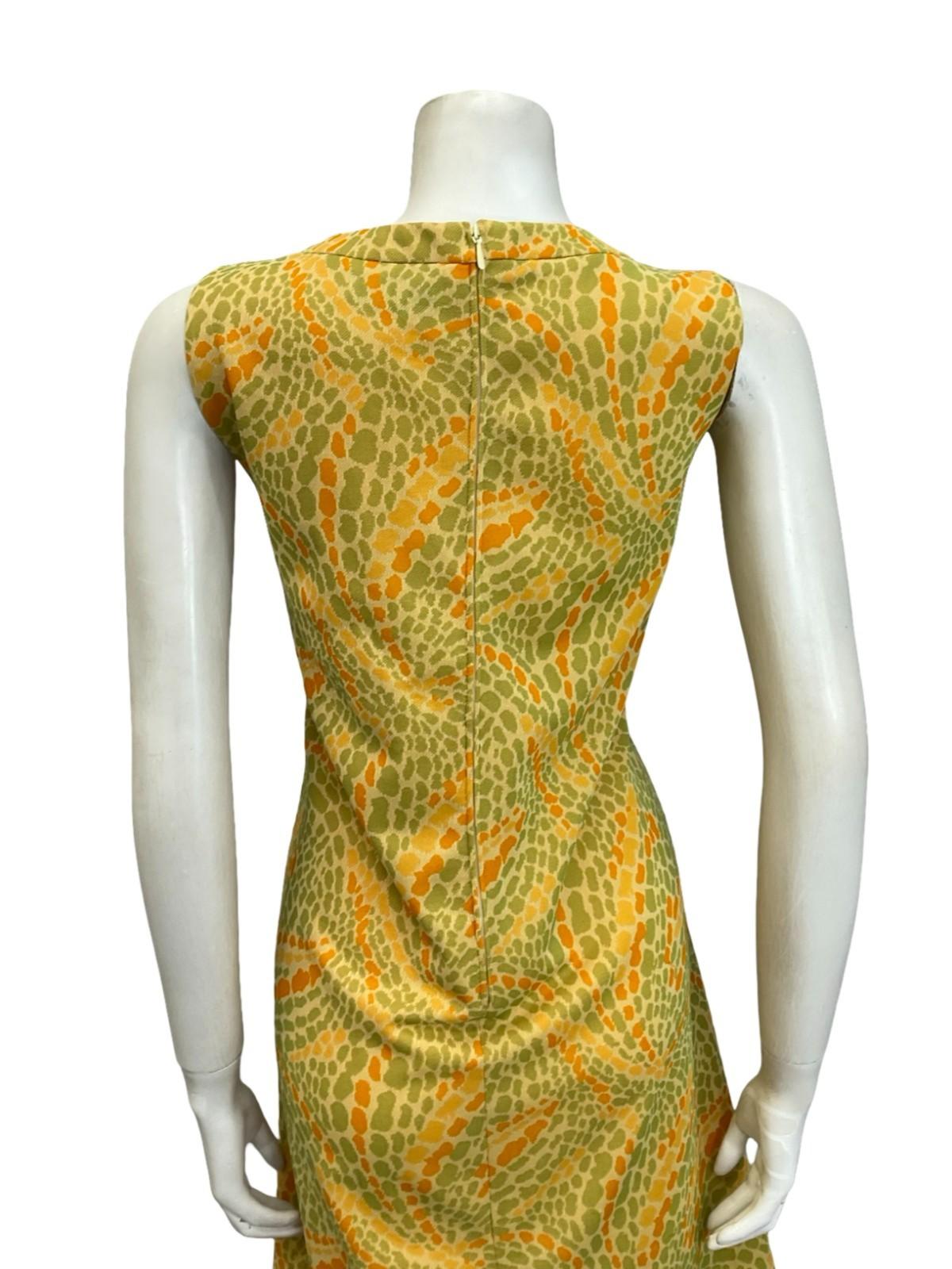 VTG 60S MOD PSYCHEDELIC DOTTY SWIRL GREEN ORANGE YELLOW SHIFT MIDI DRESS 12