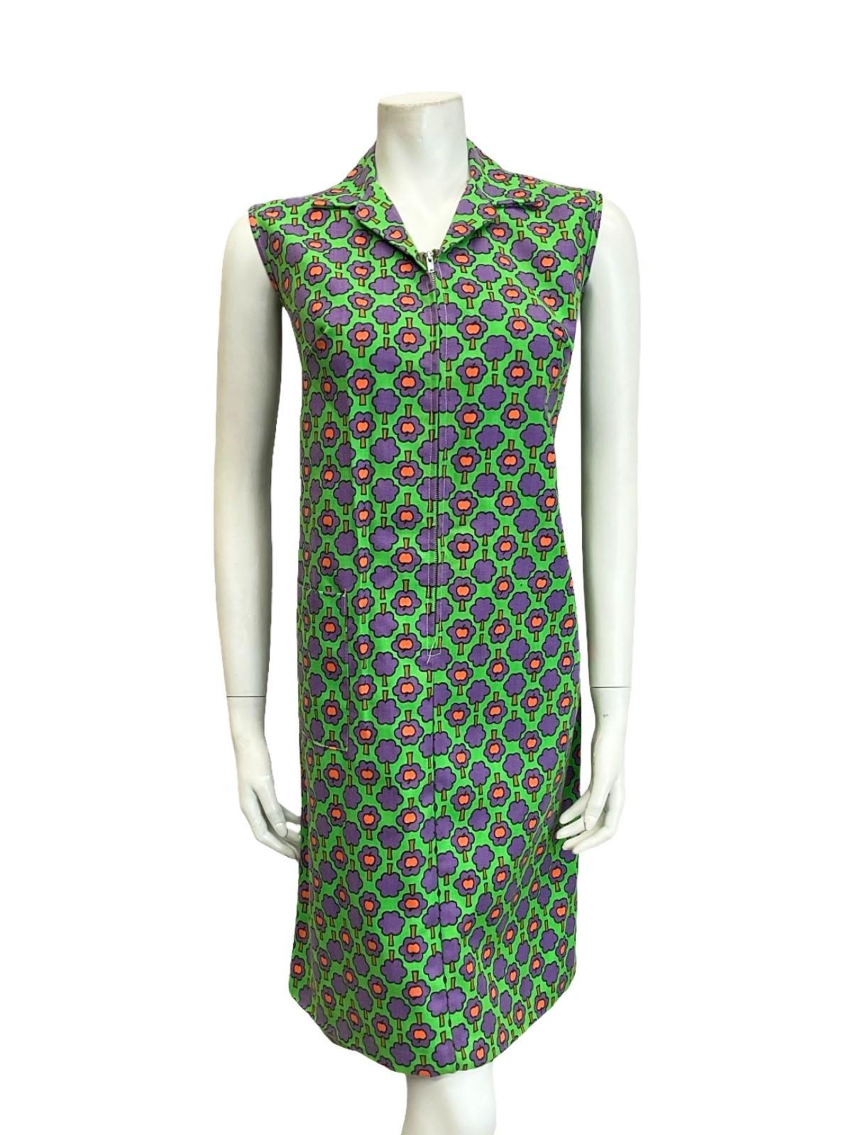 VTG 60S MOD GEOMETRIC GREEN PURPLE RED ZIP UP TREE APPLE SHIFT SHIRT DRESS 12