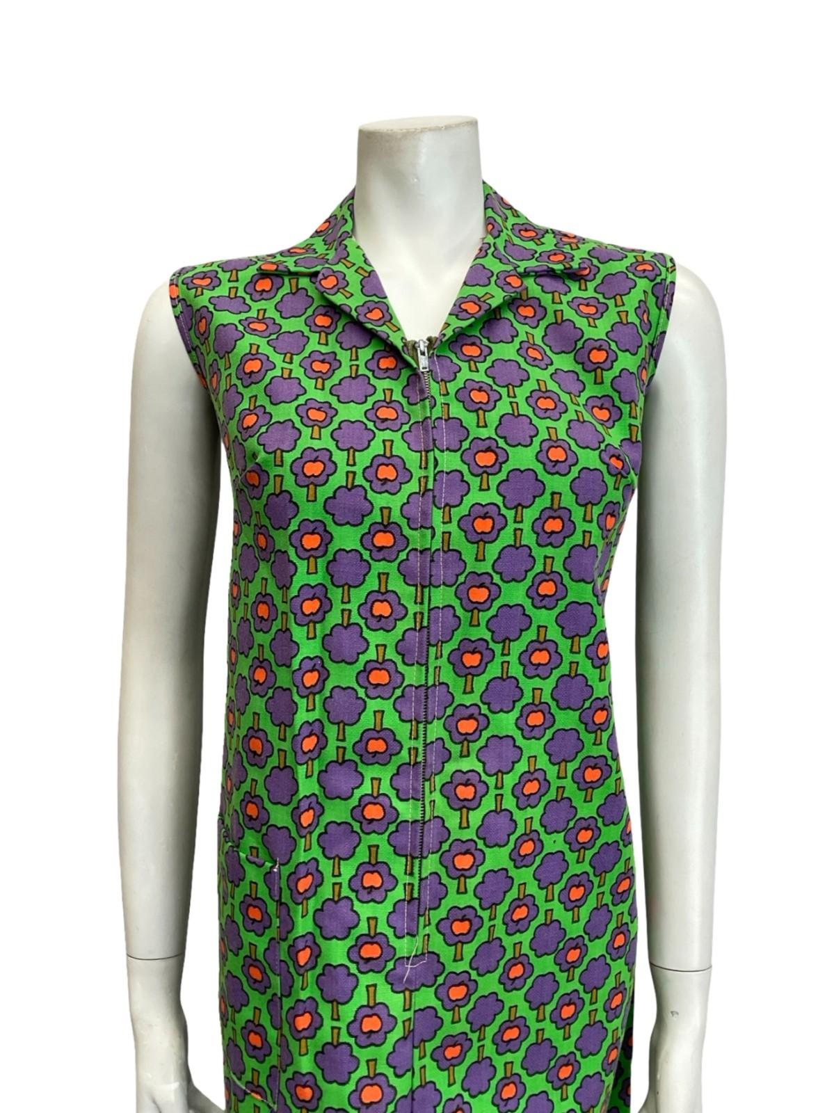 VTG 60S MOD GEOMETRIC GREEN PURPLE RED ZIP UP TREE APPLE SHIFT SHIRT DRESS 12