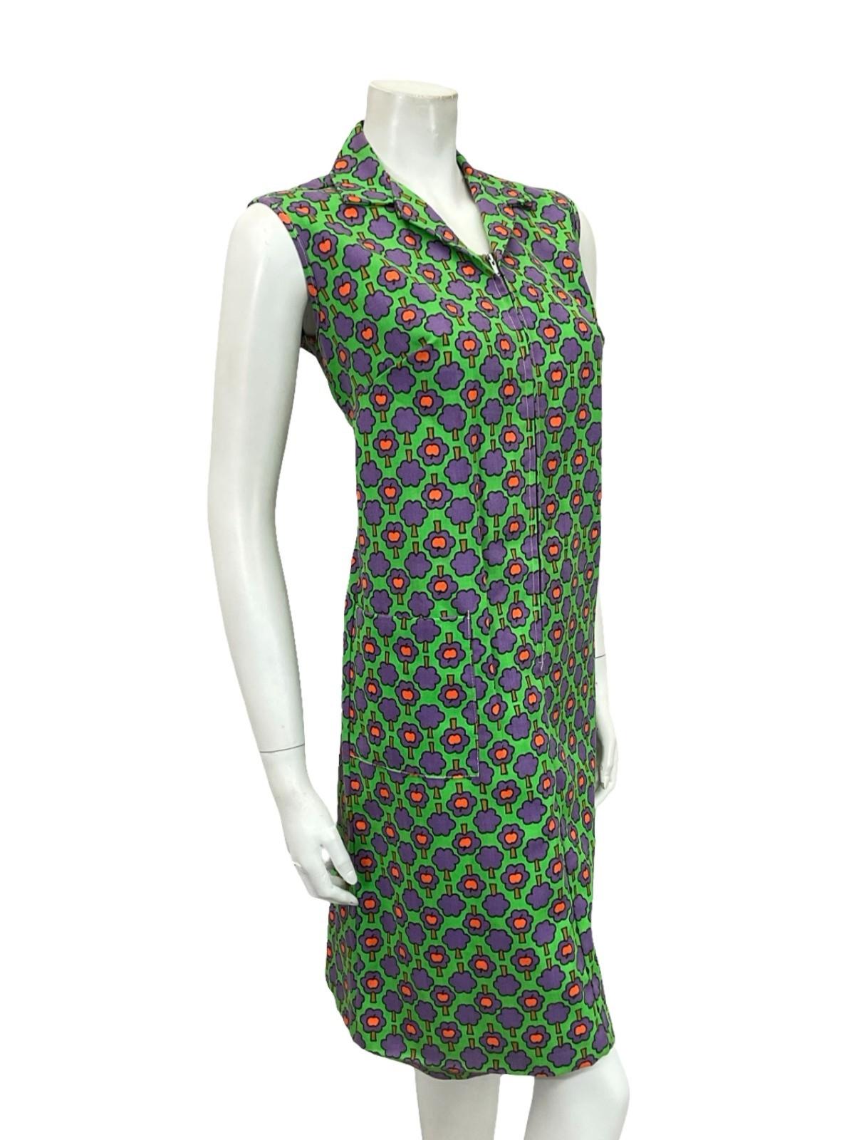 VTG 60S MOD GEOMETRIC GREEN PURPLE RED ZIP UP TREE APPLE SHIFT SHIRT DRESS 12