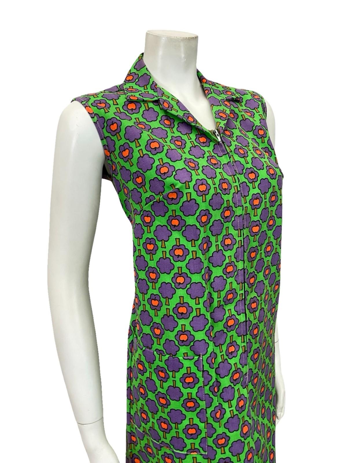 VTG 60S MOD GEOMETRIC GREEN PURPLE RED ZIP UP TREE APPLE SHIFT SHIRT DRESS 12