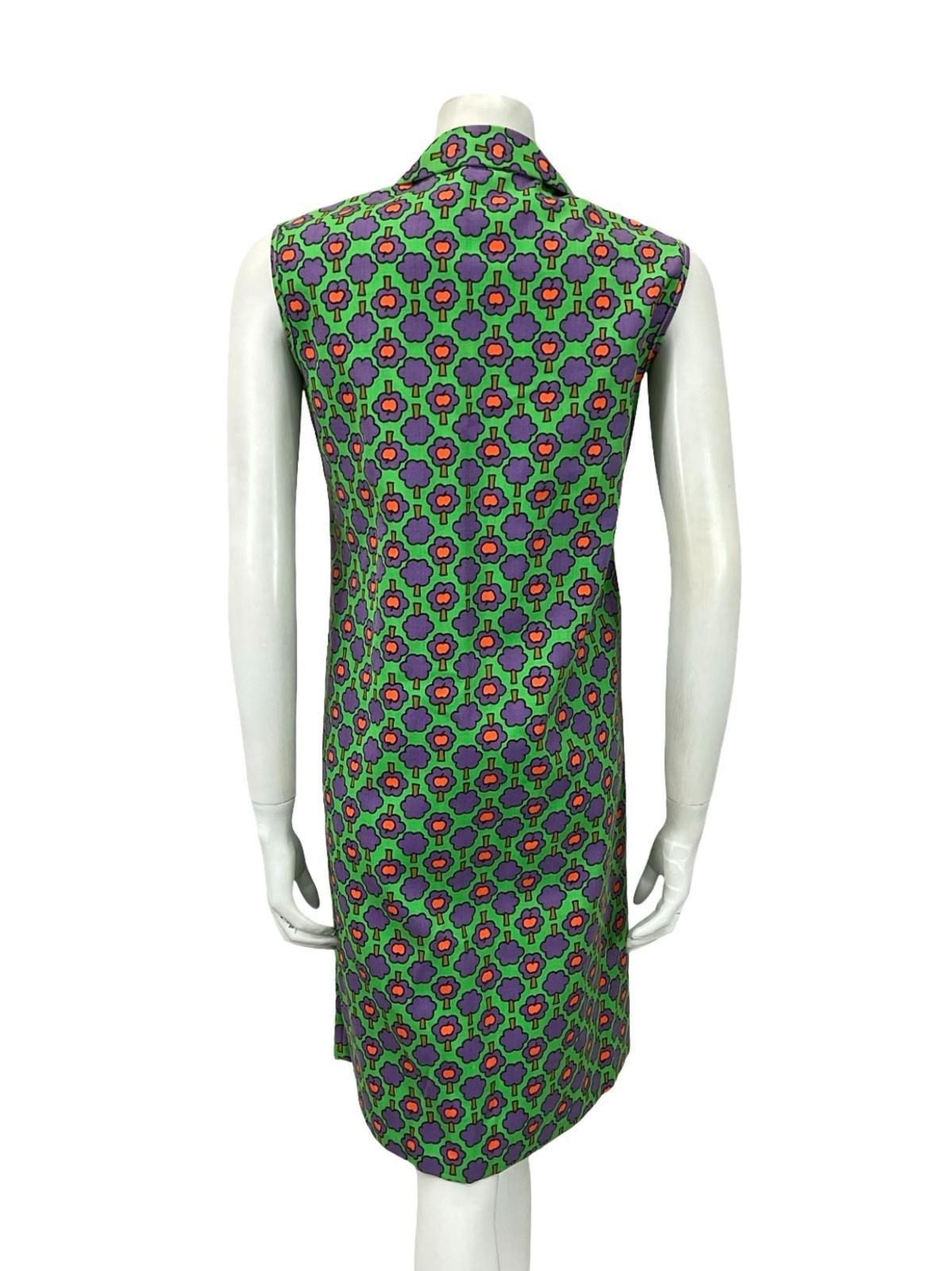 VTG 60S MOD GEOMETRIC GREEN PURPLE RED ZIP UP TREE APPLE SHIFT SHIRT DRESS 12