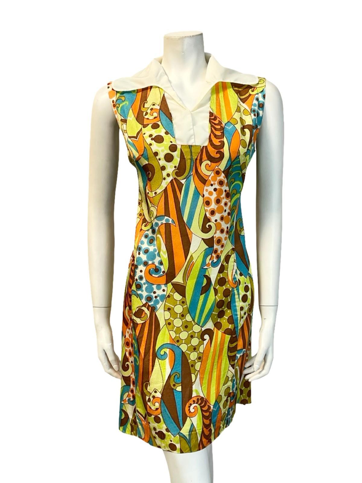 VTG 60S ORANGE BROWN BLUE GREEN WHITE PSYCHEDELIC MOD SHIFT MINI DRESS 14