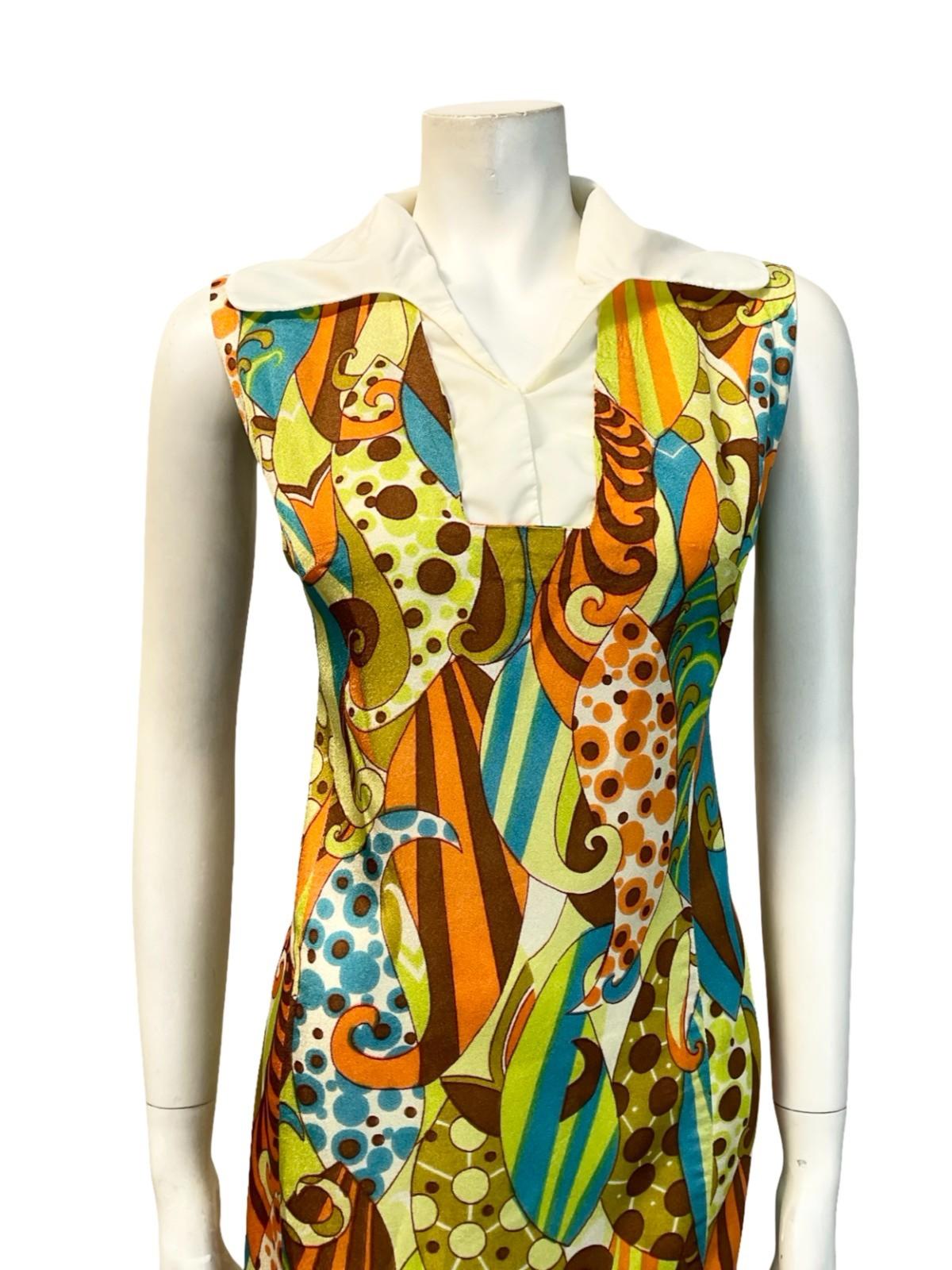 VTG 60S ORANGE BROWN BLUE GREEN WHITE PSYCHEDELIC MOD SHIFT MINI DRESS 14