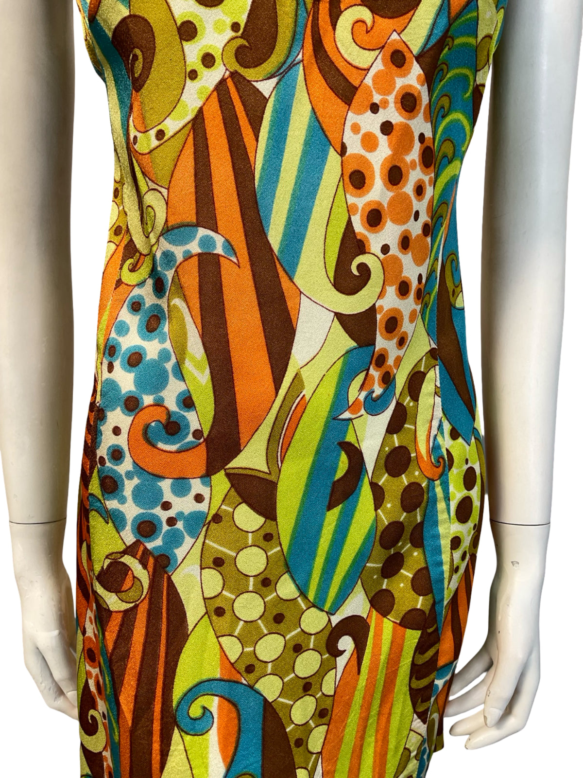 VTG 60S ORANGE BROWN BLUE GREEN WHITE PSYCHEDELIC MOD SHIFT MINI DRESS 14