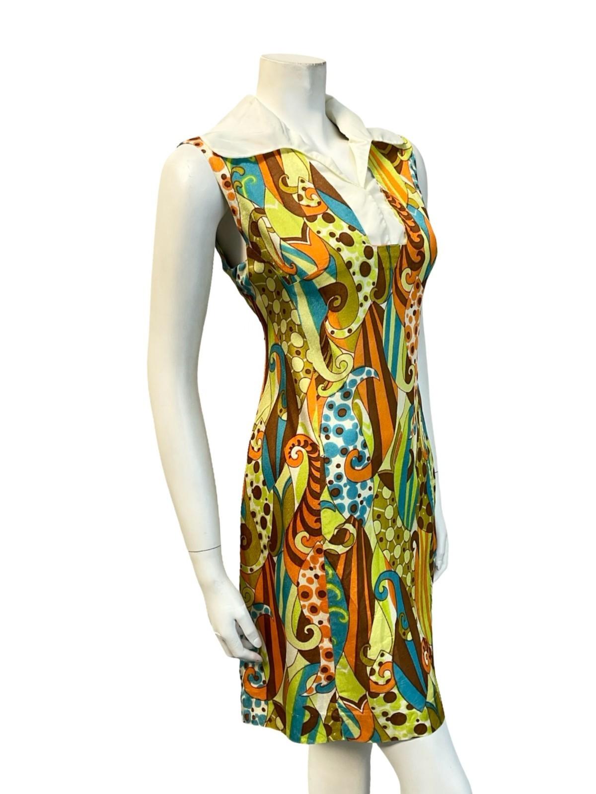 VTG 60S ORANGE BROWN BLUE GREEN WHITE PSYCHEDELIC MOD SHIFT MINI DRESS 14