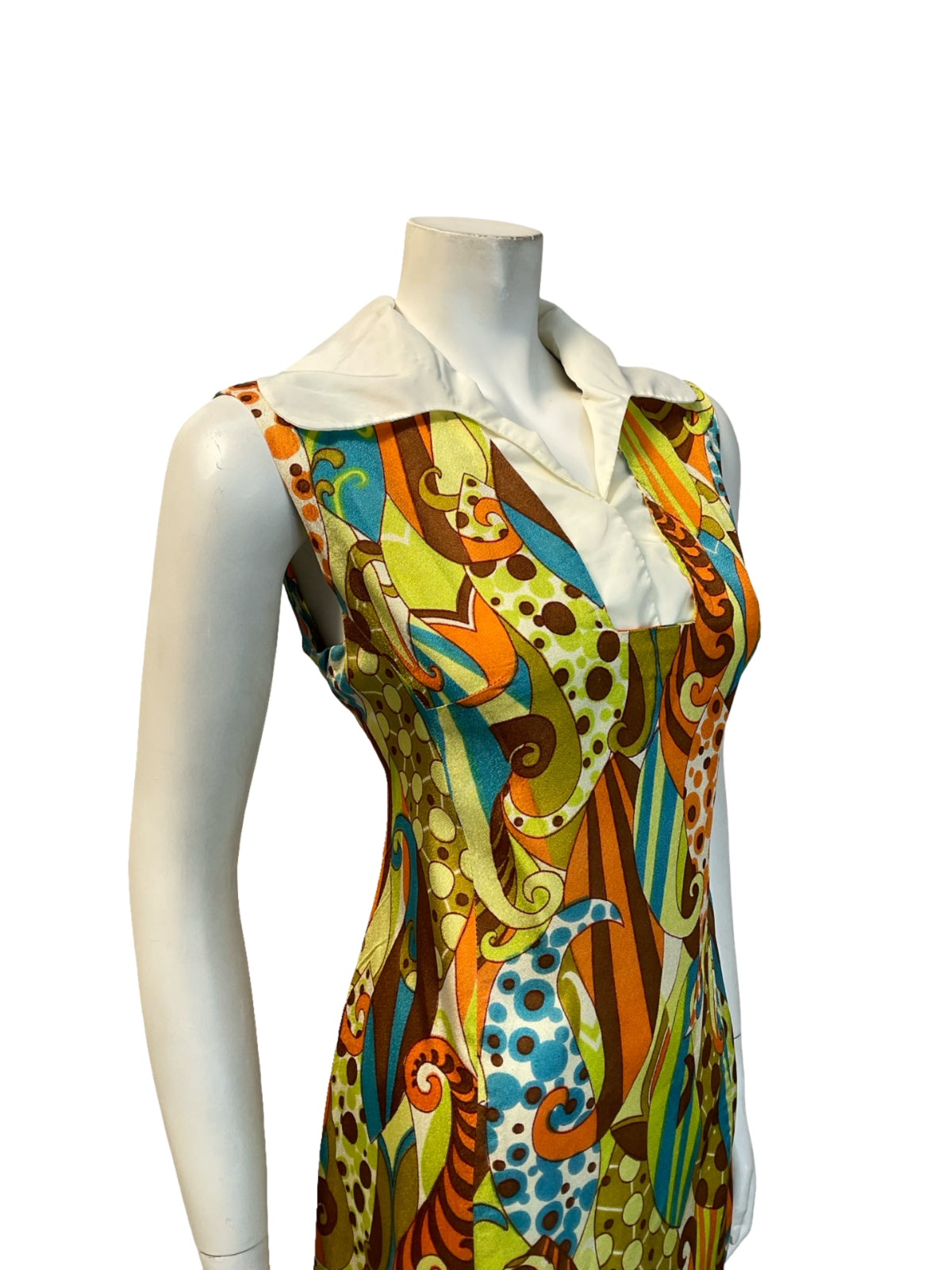 VTG 60S ORANGE BROWN BLUE GREEN WHITE PSYCHEDELIC MOD SHIFT MINI DRESS 14