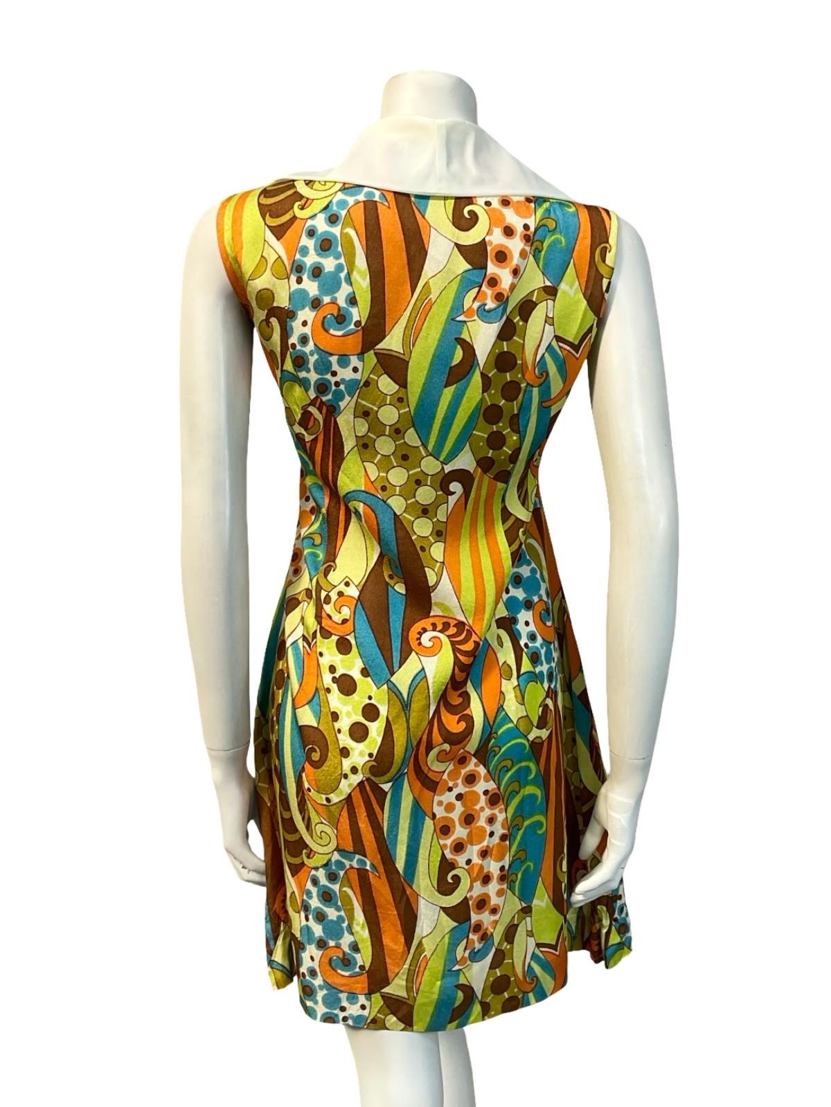 VTG 60S ORANGE BROWN BLUE GREEN WHITE PSYCHEDELIC MOD SHIFT MINI DRESS 14