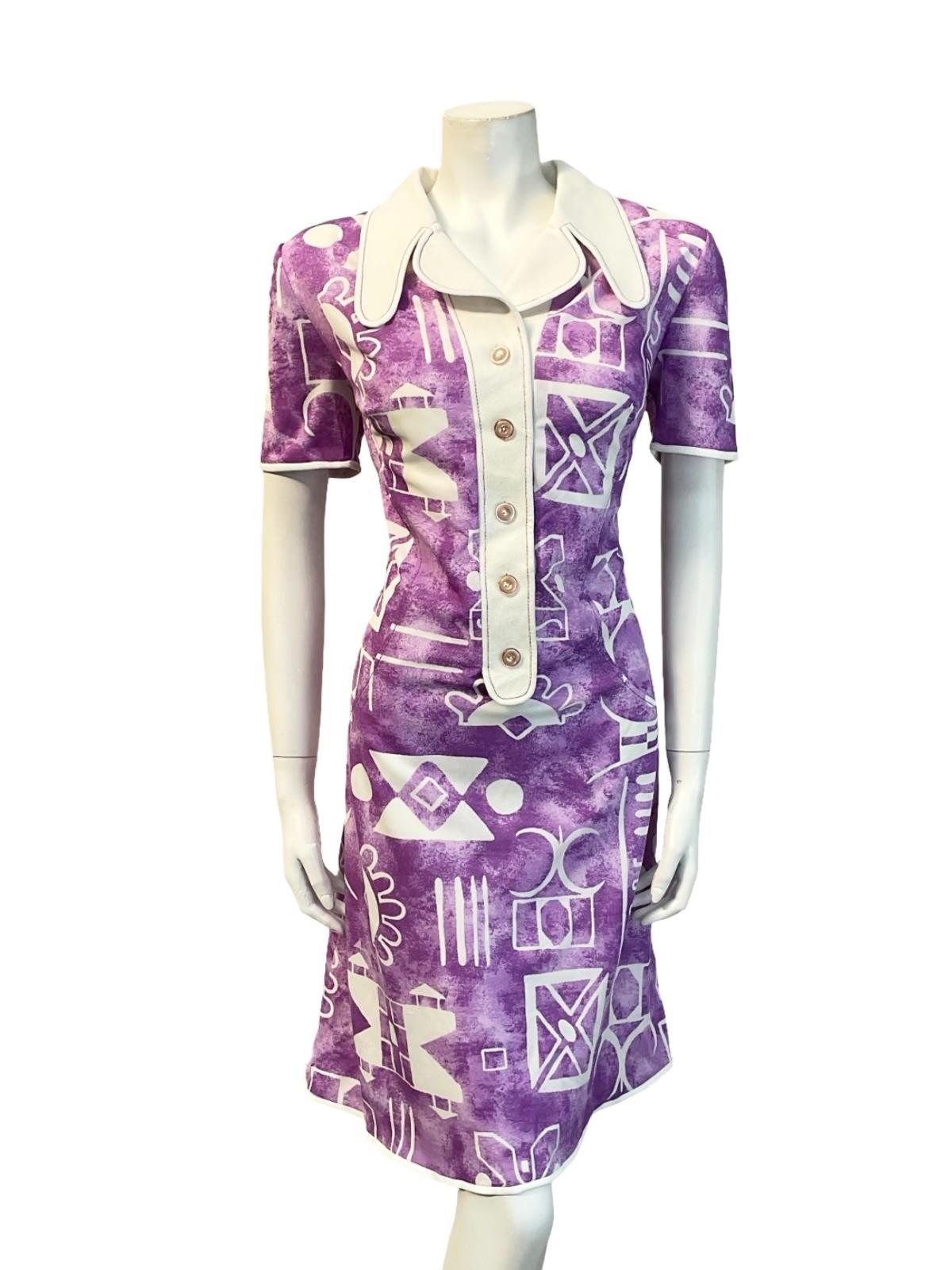 VTG 60S PURPLE WHITE GEOMETRIC DOG EAR NOTCH LAPEL COLLAR SHIRT DRESS 16 14