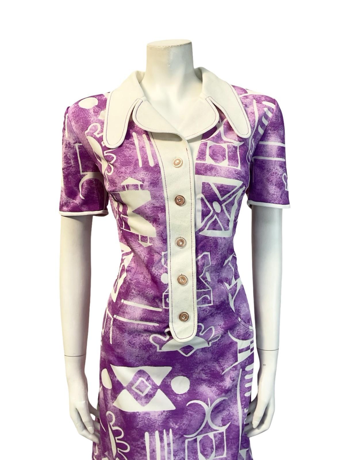 VTG 60S PURPLE WHITE GEOMETRIC DOG EAR NOTCH LAPEL COLLAR SHIRT DRESS 16 14