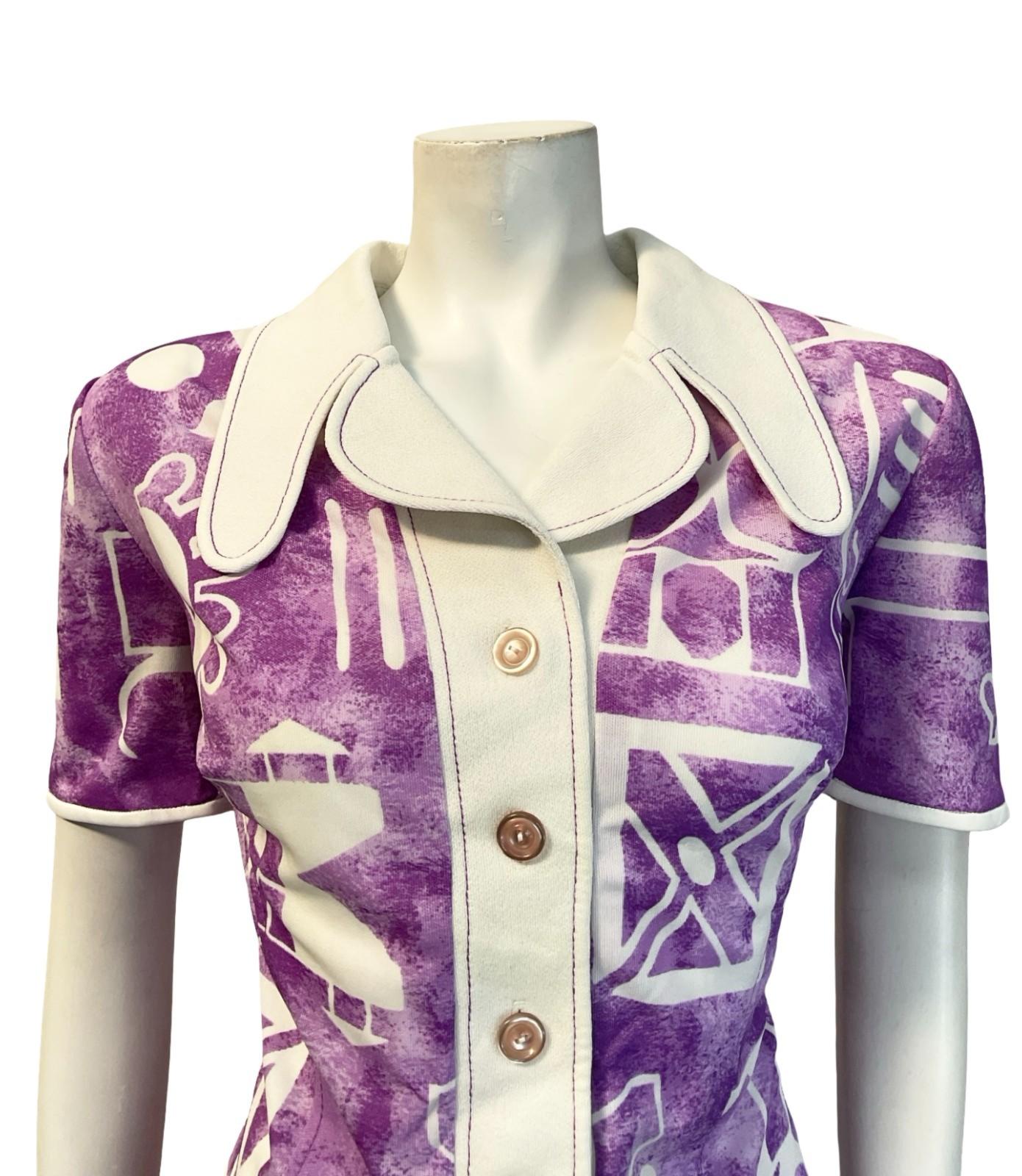 VTG 60S PURPLE WHITE GEOMETRIC DOG EAR NOTCH LAPEL COLLAR SHIRT DRESS 16 14
