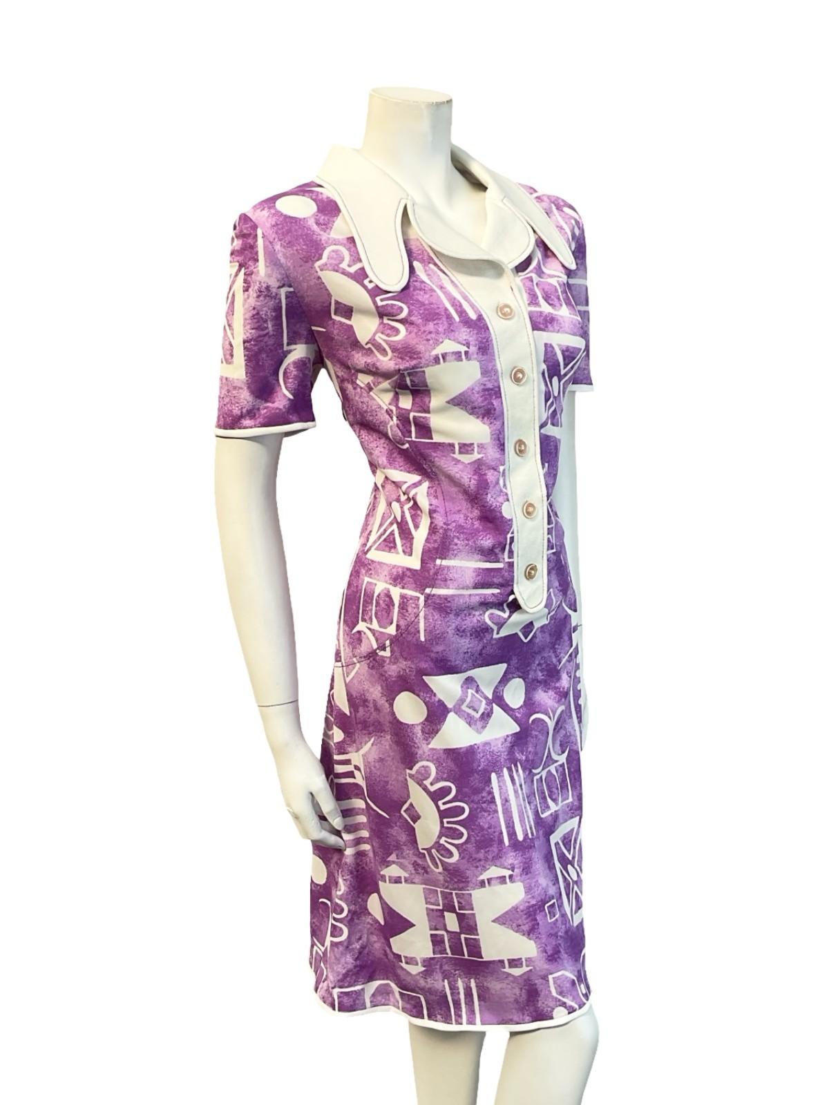 VTG 60S PURPLE WHITE GEOMETRIC DOG EAR NOTCH LAPEL COLLAR SHIRT DRESS 16 14
