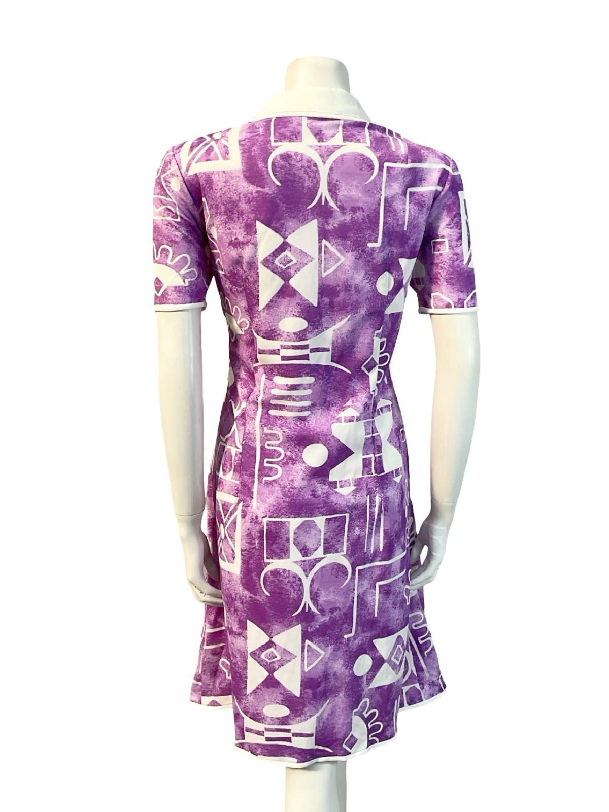 VTG 60S PURPLE WHITE GEOMETRIC DOG EAR NOTCH LAPEL COLLAR SHIRT DRESS 16 14