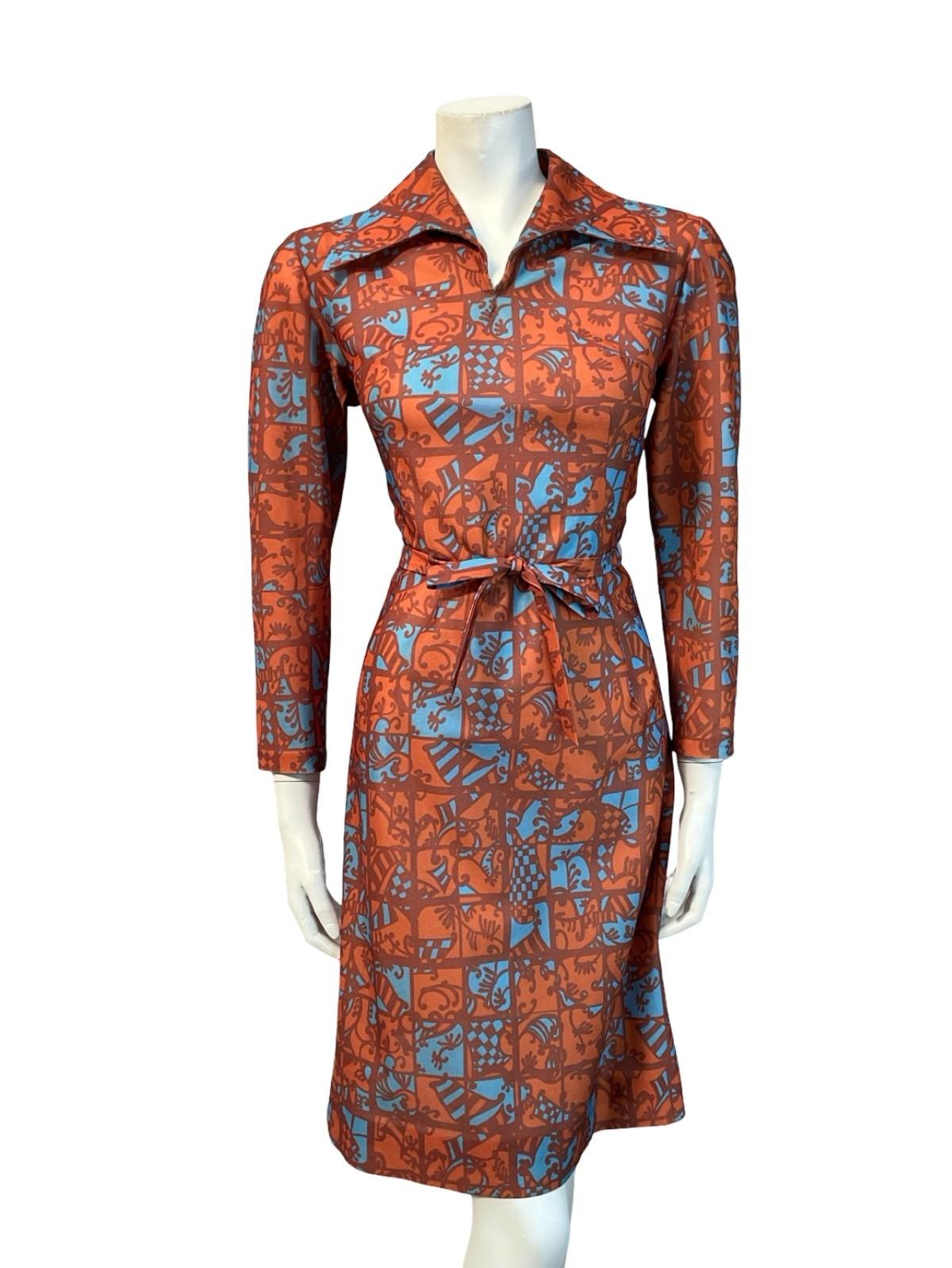 VTG 70S BROWN BLYE PSYCHEDELIC TILE PRINT OPEN DAGGER COLLAR TIE WAIST DRESS 10