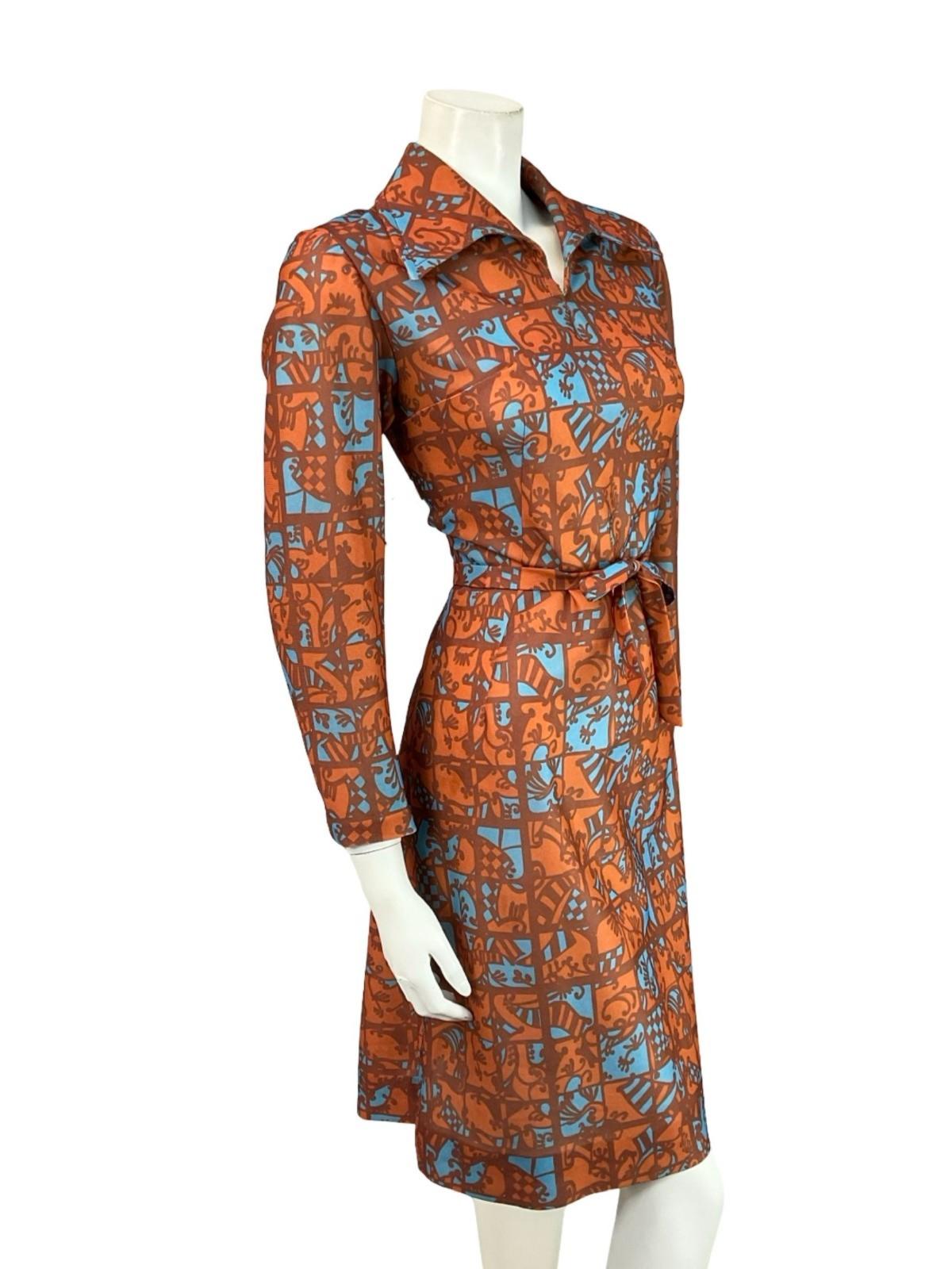 VTG 70S BROWN BLYE PSYCHEDELIC TILE PRINT OPEN DAGGER COLLAR TIE WAIST DRESS 10
