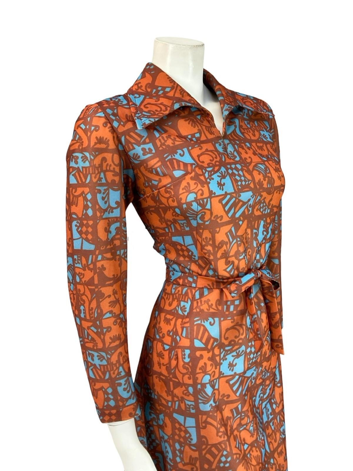 VTG 70S BROWN BLYE PSYCHEDELIC TILE PRINT OPEN DAGGER COLLAR TIE WAIST DRESS 10