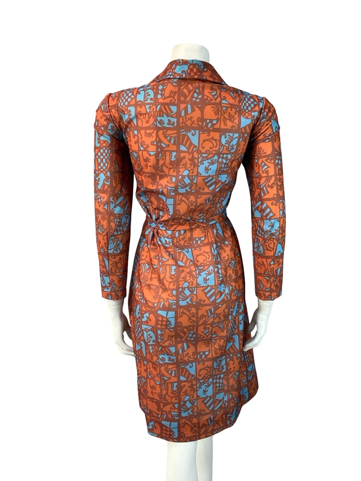 VTG 70S BROWN BLYE PSYCHEDELIC TILE PRINT OPEN DAGGER COLLAR TIE WAIST DRESS 10