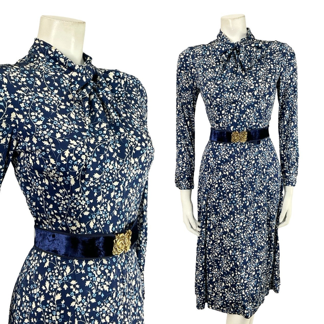 VTG 70S NAVY BLUE WHITE GOLD FLORAL ROSE PUSSYBOW BELT A LINE MIDI DRESS XS 6