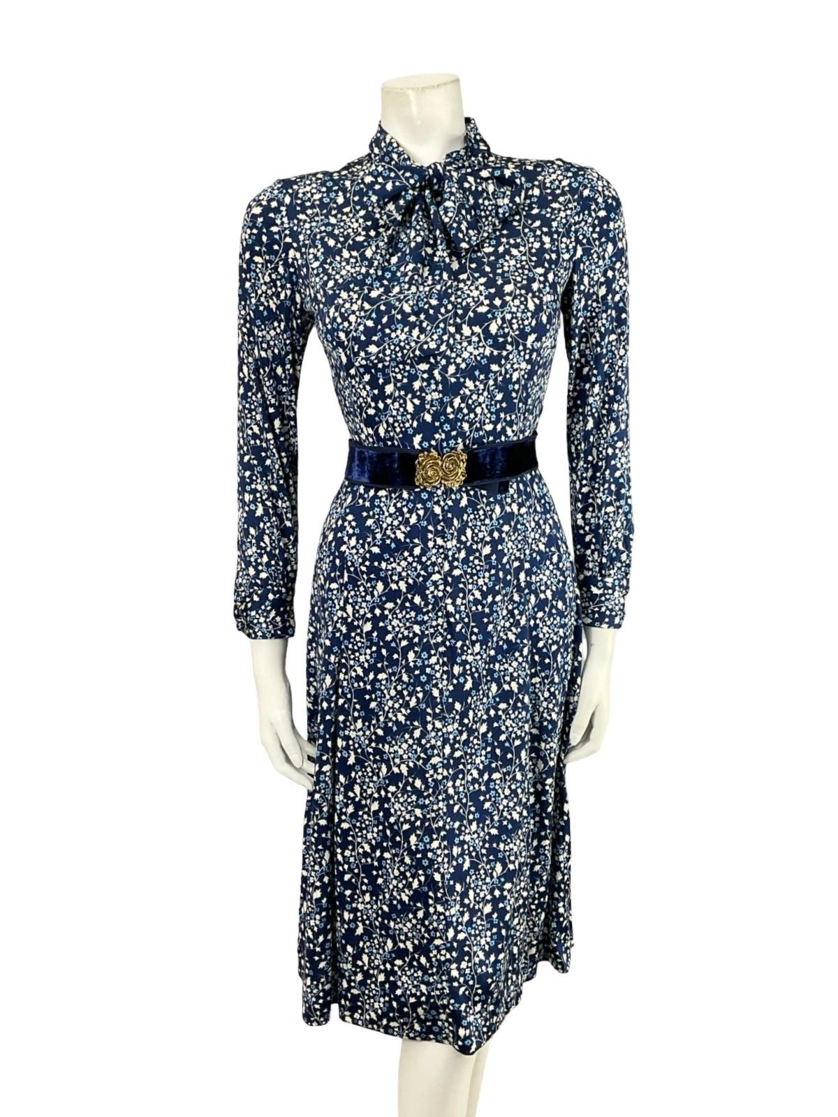 VTG 70S NAVY BLUE WHITE GOLD FLORAL ROSE PUSSYBOW BELT A LINE MIDI DRESS XS 6