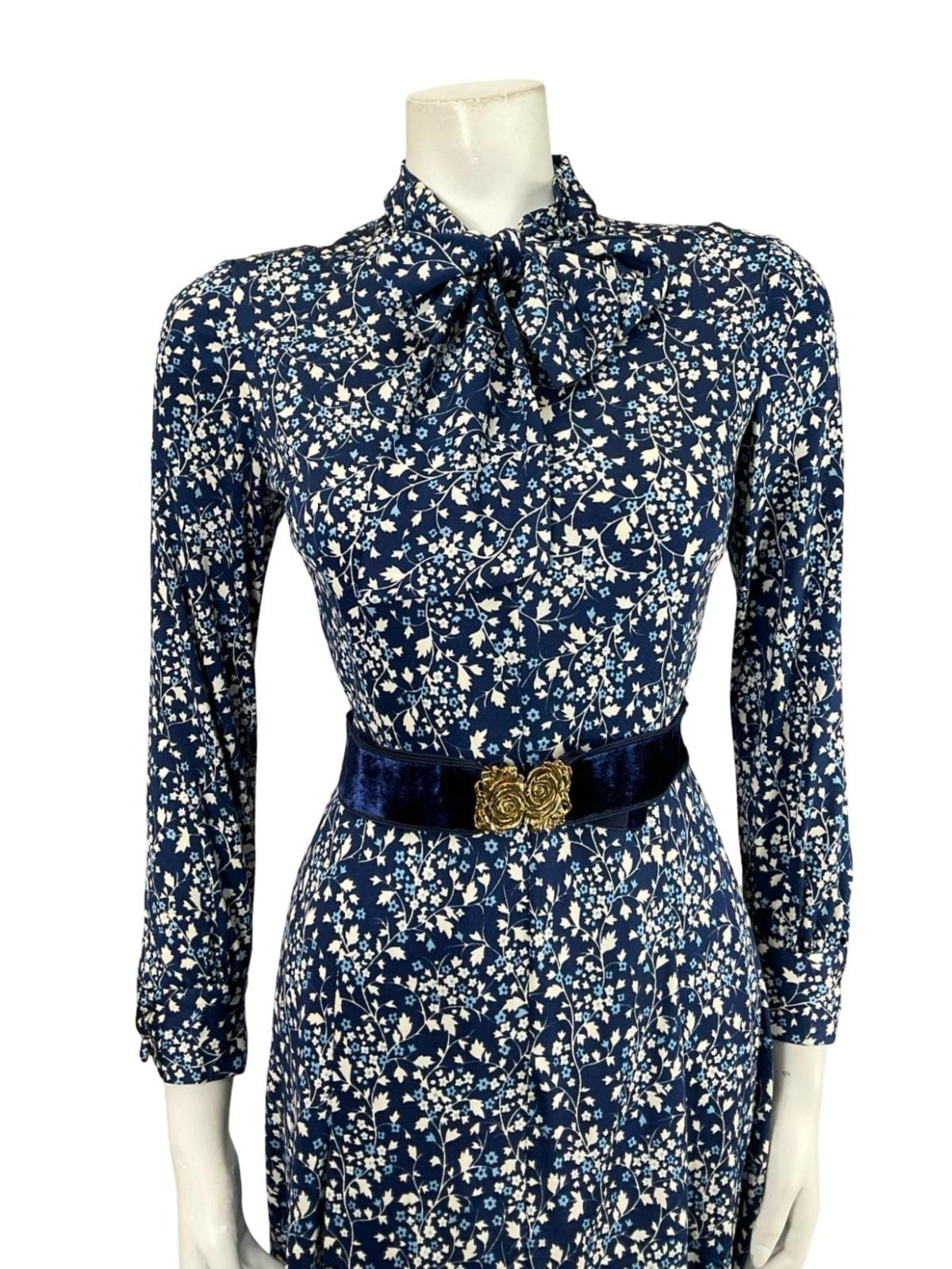 VTG 70S NAVY BLUE WHITE GOLD FLORAL ROSE PUSSYBOW BELT A LINE MIDI DRESS XS 6
