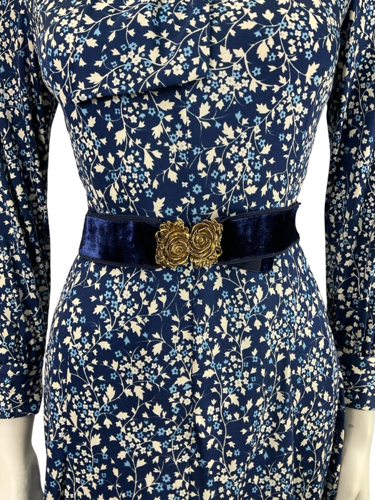 VTG 70S NAVY BLUE WHITE GOLD FLORAL ROSE PUSSYBOW BELT A LINE MIDI DRESS XS 6