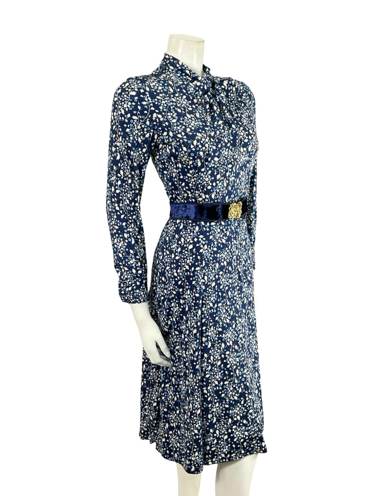 VTG 70S NAVY BLUE WHITE GOLD FLORAL ROSE PUSSYBOW BELT A LINE MIDI DRESS XS 6