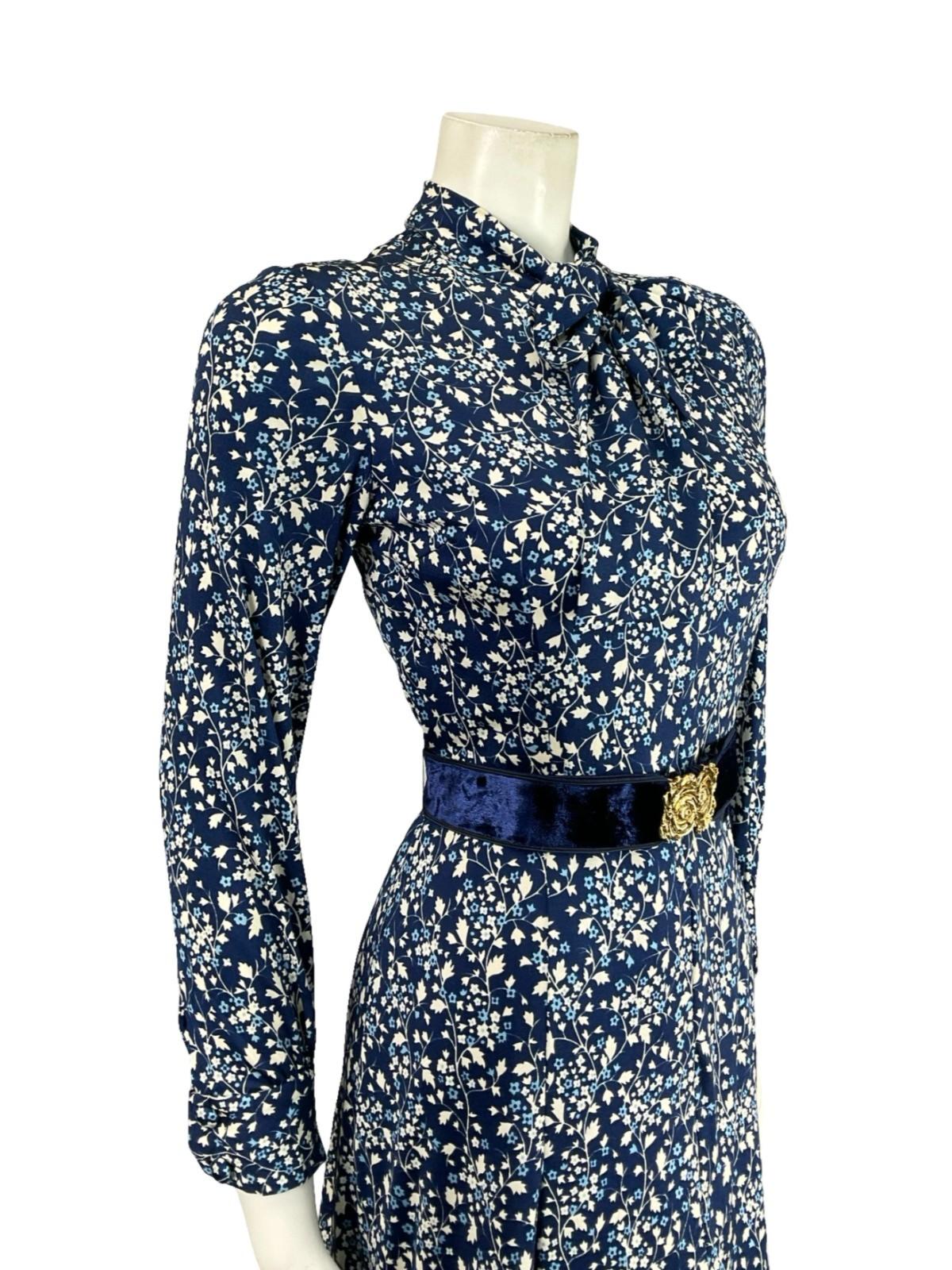 VTG 70S NAVY BLUE WHITE GOLD FLORAL ROSE PUSSYBOW BELT A LINE MIDI DRESS XS 6