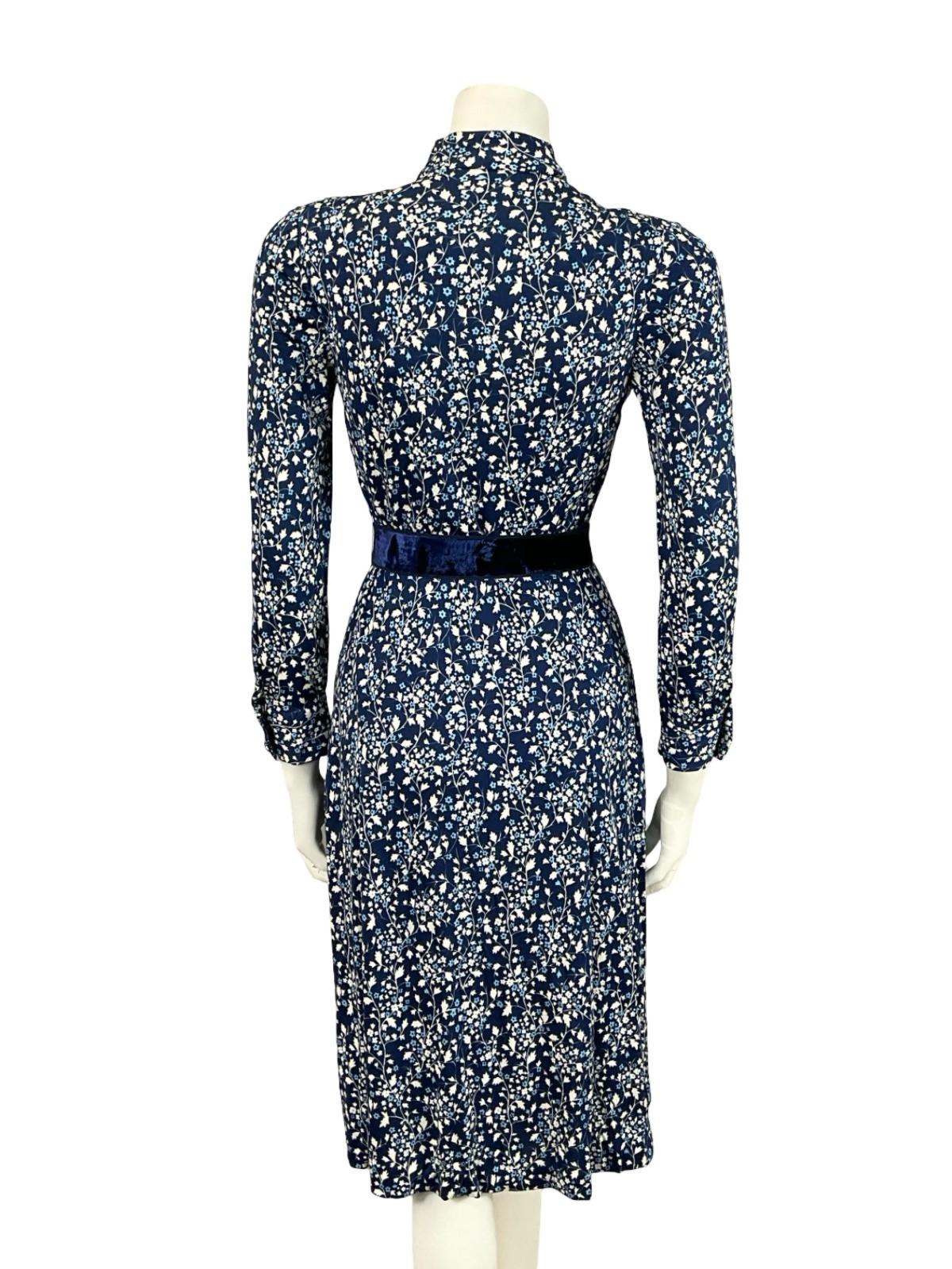 VTG 70S NAVY BLUE WHITE GOLD FLORAL ROSE PUSSYBOW BELT A LINE MIDI DRESS XS 6