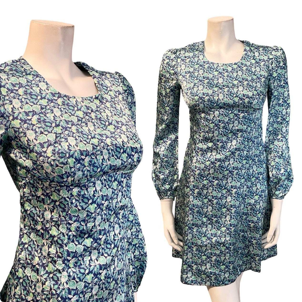 VTG 60S MOD EMPIRE BLUE GREEN WHITE FLORAL LEAFY MINI DRESS XS 6