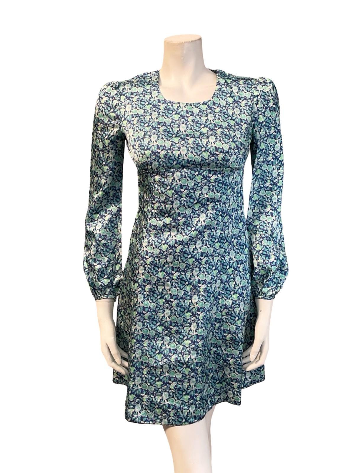 VTG 60S MOD EMPIRE BLUE GREEN WHITE FLORAL LEAFY MINI DRESS XS 6