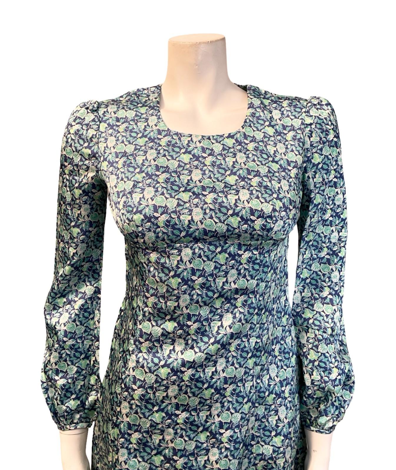 VTG 60S MOD EMPIRE BLUE GREEN WHITE FLORAL LEAFY MINI DRESS XS 6