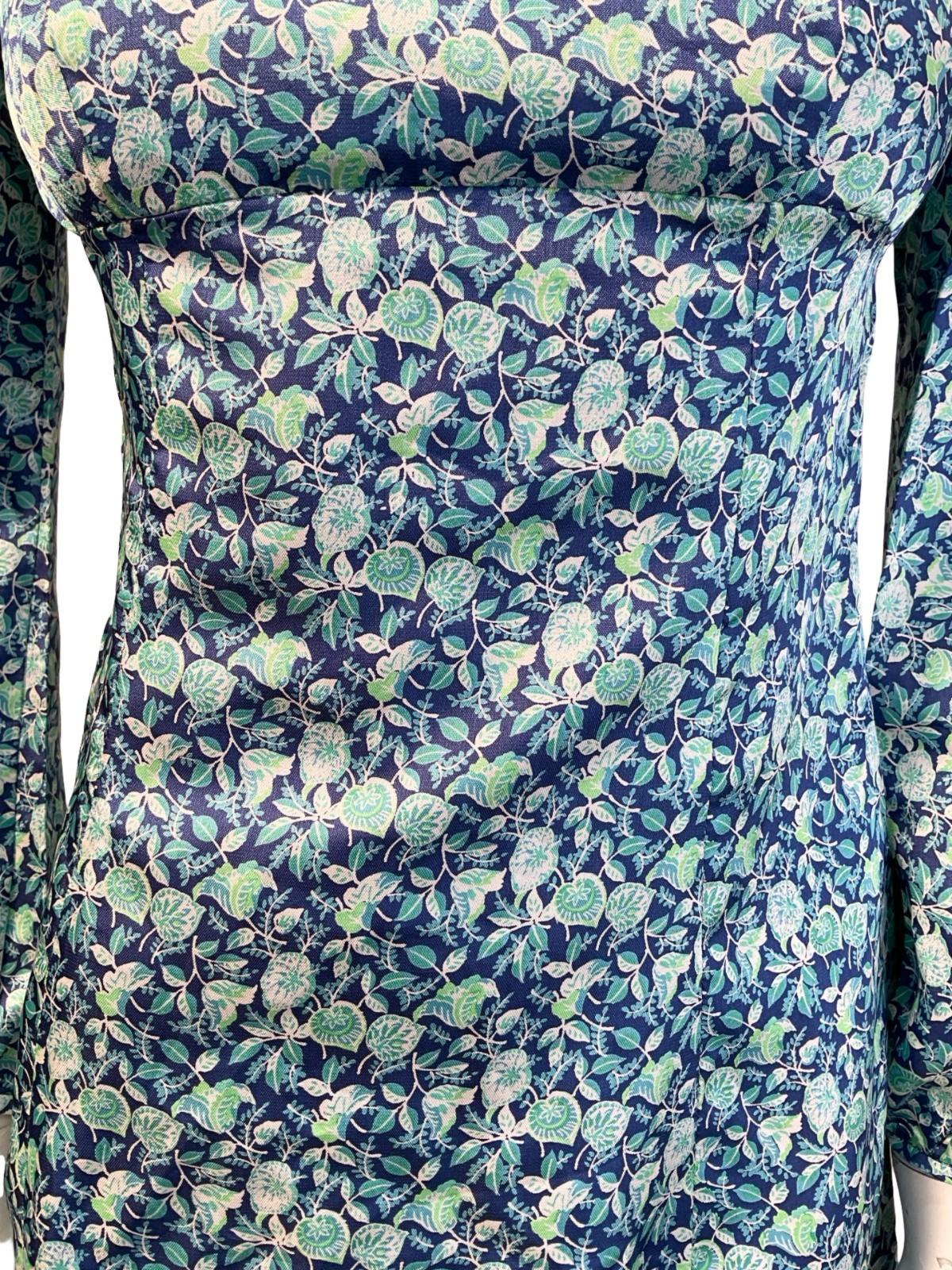 VTG 60S MOD EMPIRE BLUE GREEN WHITE FLORAL LEAFY MINI DRESS XS 6