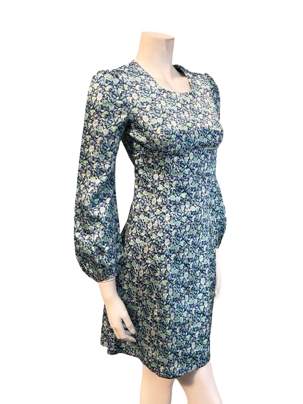 VTG 60S MOD EMPIRE BLUE GREEN WHITE FLORAL LEAFY MINI DRESS XS 6