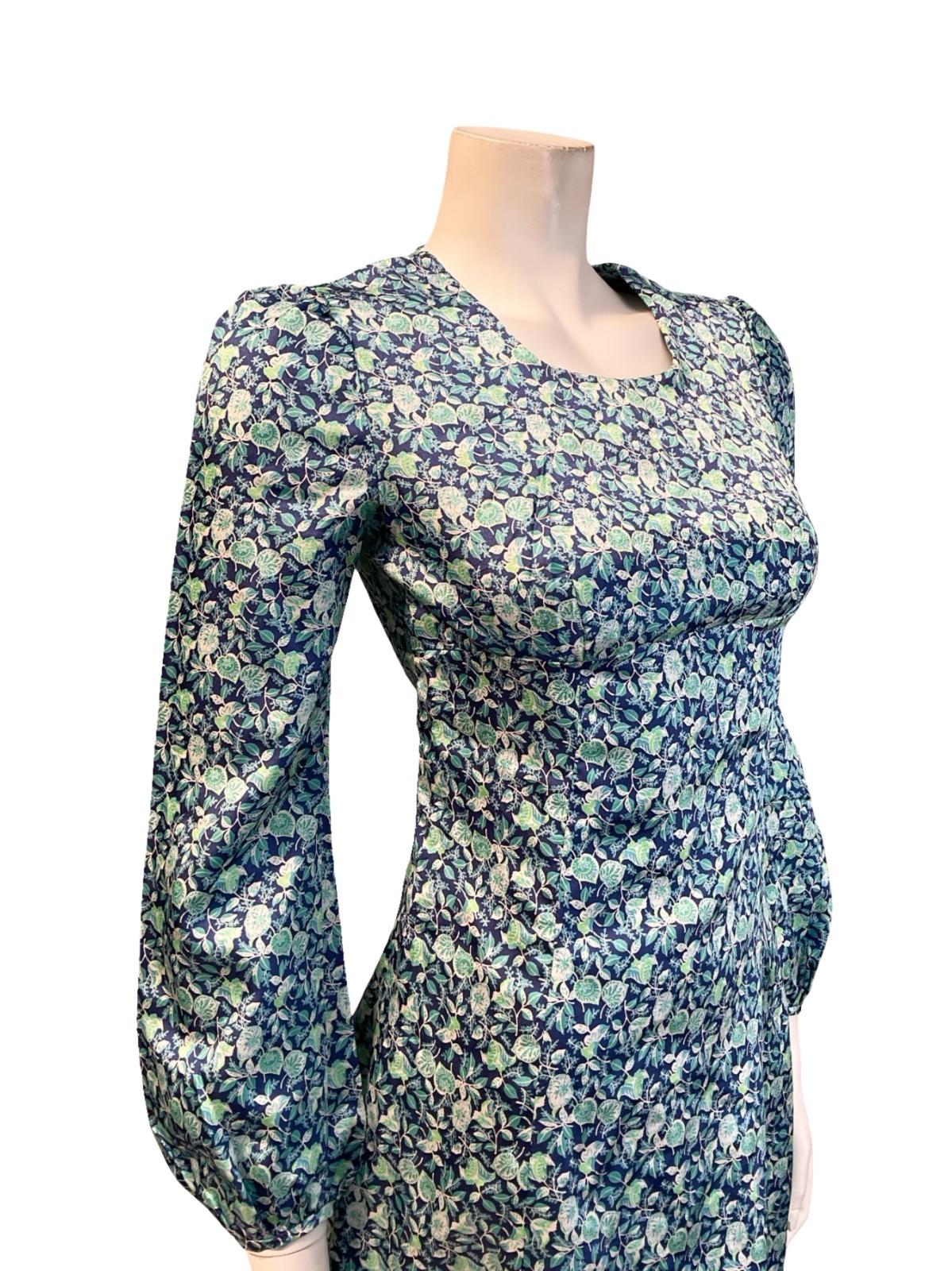 VTG 60S MOD EMPIRE BLUE GREEN WHITE FLORAL LEAFY MINI DRESS XS 6