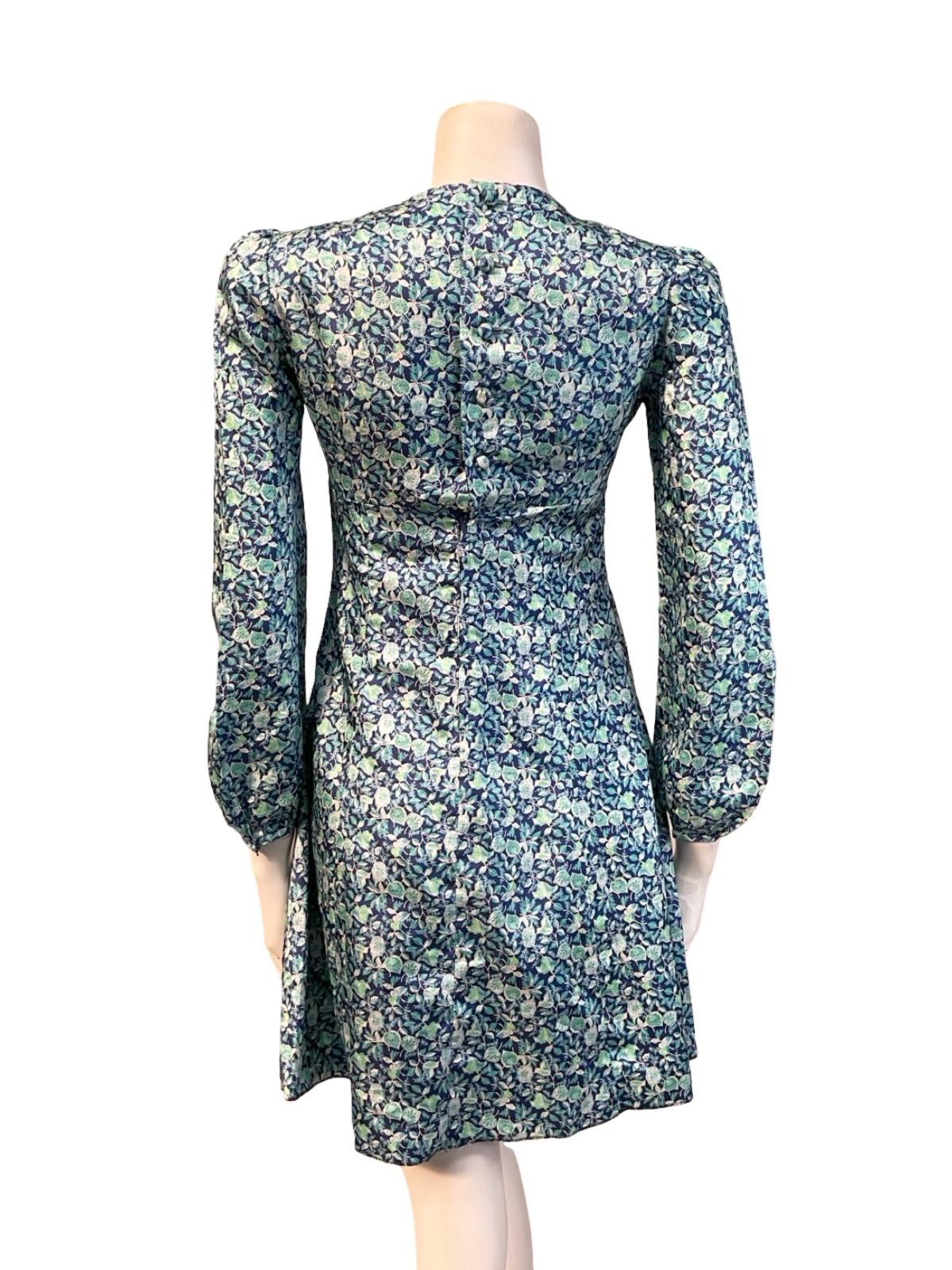 VTG 60S MOD EMPIRE BLUE GREEN WHITE FLORAL LEAFY MINI DRESS XS 6