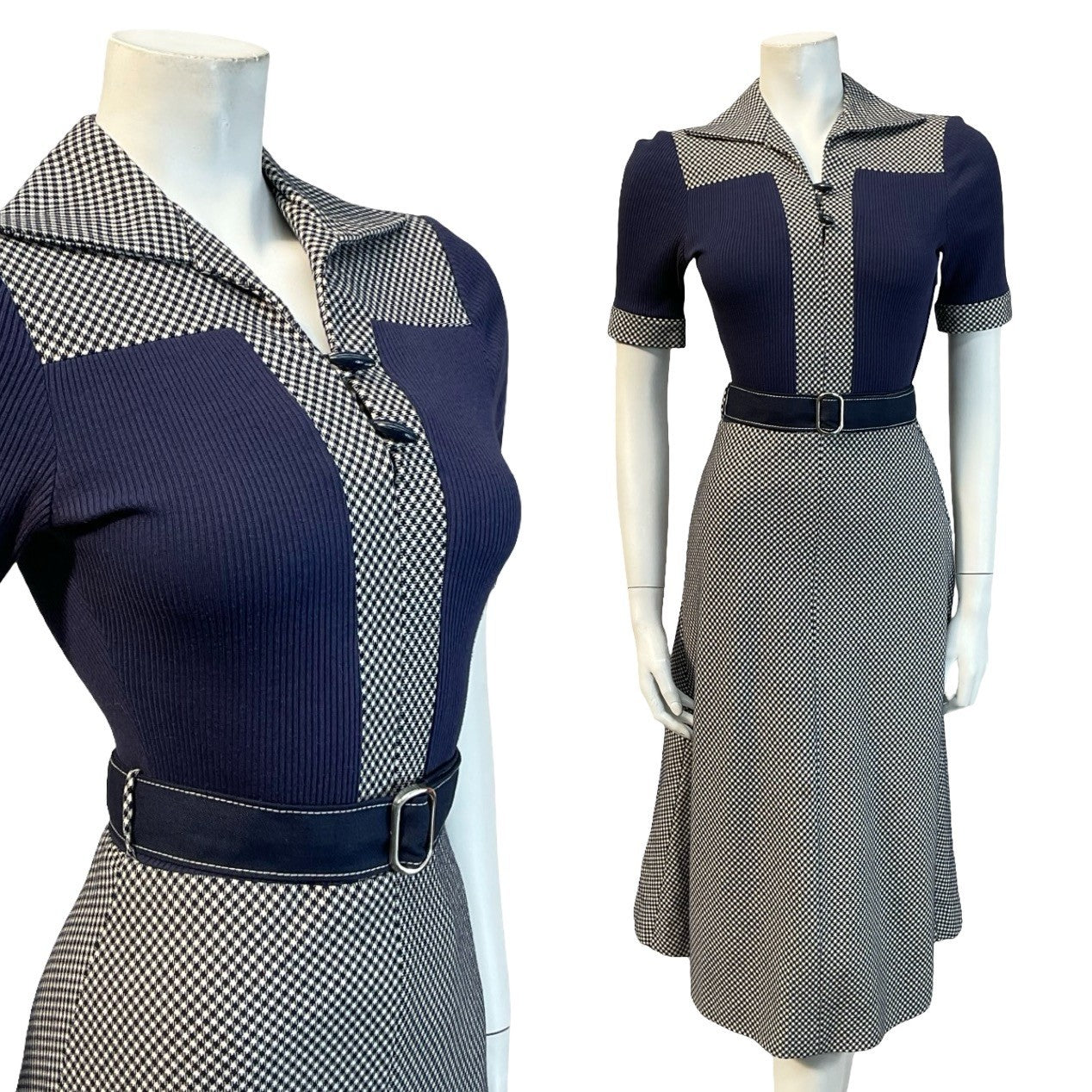 VTG 70S CANDA NAVY BLUE WHITE WOOL KNIT OPEN COLLAR BELTED A LINE MIDI DRESS 6