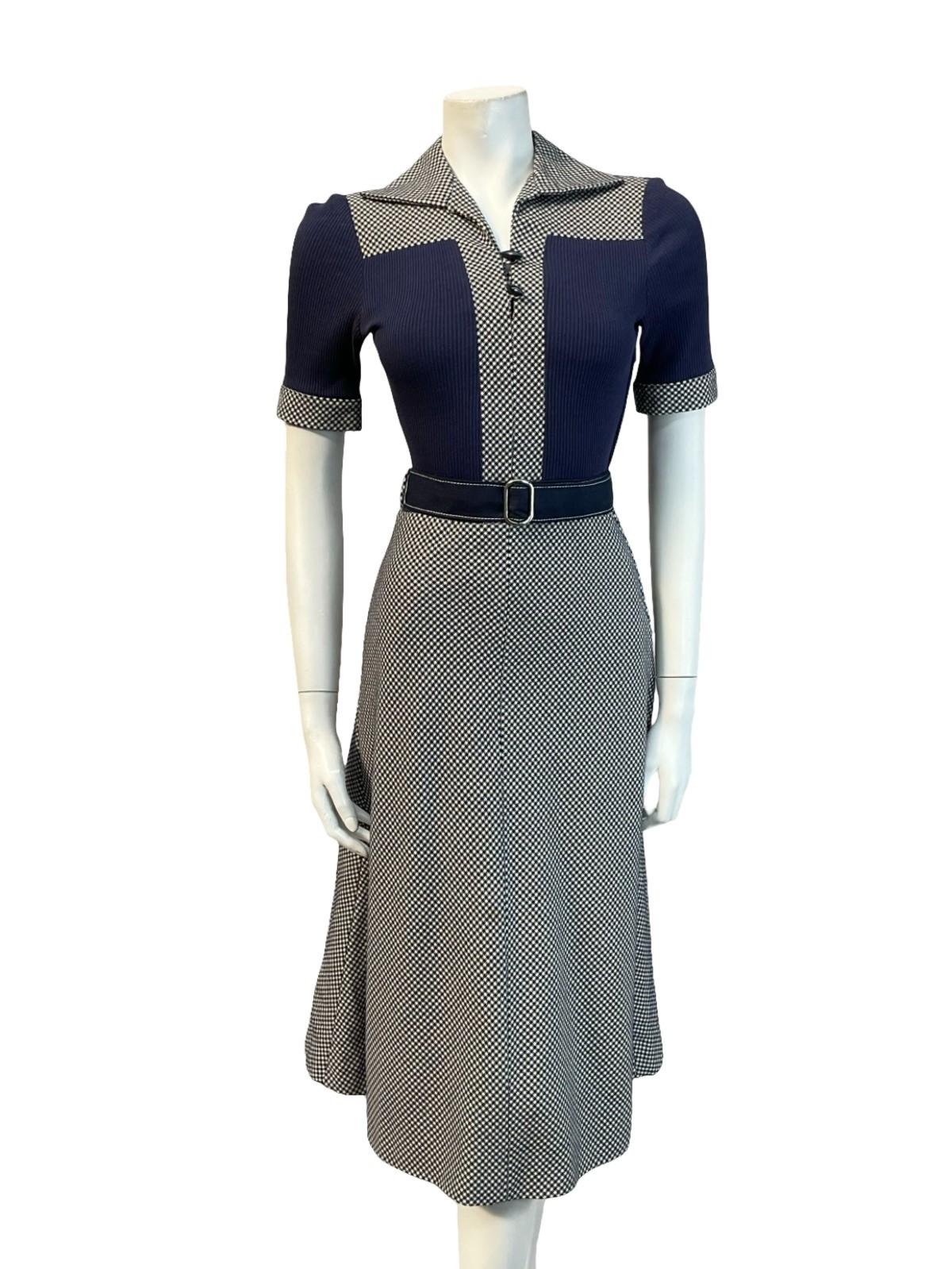 VTG 70S CANDA NAVY BLUE WHITE WOOL KNIT OPEN COLLAR BELTED A LINE MIDI DRESS 6