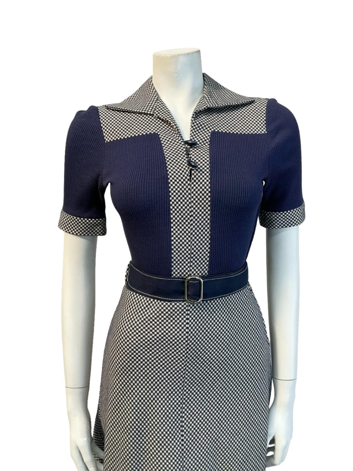 VTG 70S CANDA NAVY BLUE WHITE WOOL KNIT OPEN COLLAR BELTED A LINE MIDI DRESS 6