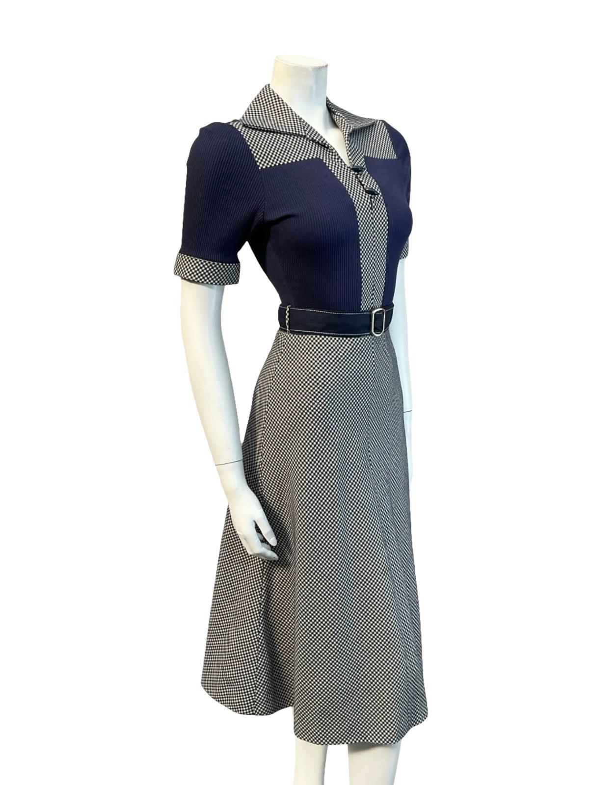 VTG 70S CANDA NAVY BLUE WHITE WOOL KNIT OPEN COLLAR BELTED A LINE MIDI DRESS 6