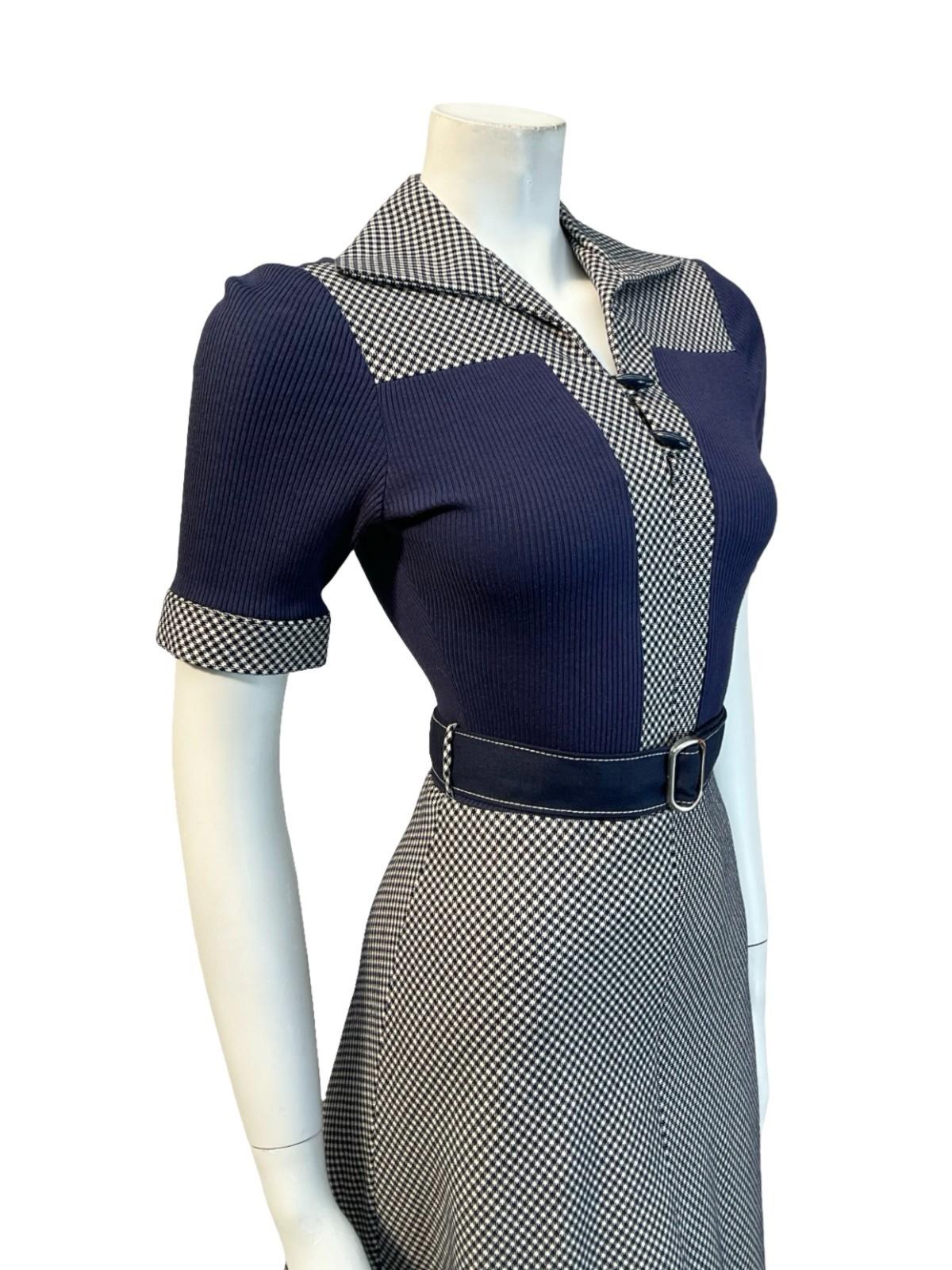 VTG 70S CANDA NAVY BLUE WHITE WOOL KNIT OPEN COLLAR BELTED A LINE MIDI DRESS 6