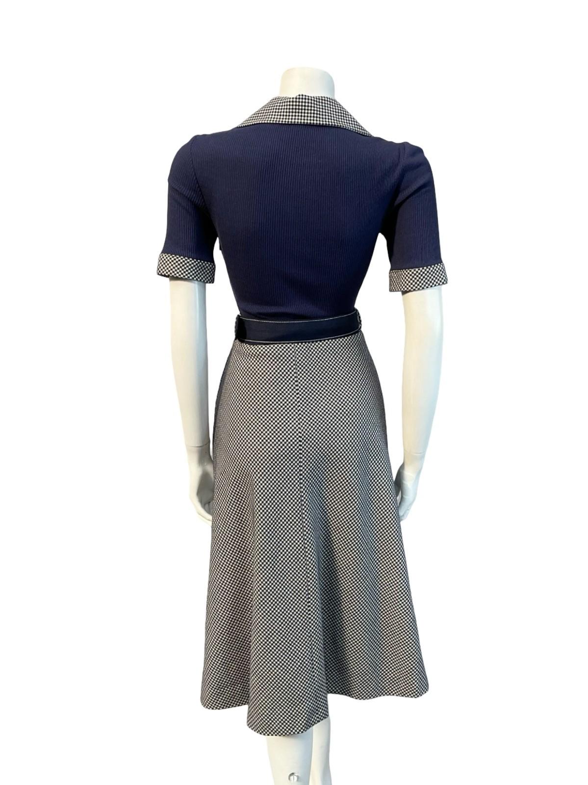 VTG 70S CANDA NAVY BLUE WHITE WOOL KNIT OPEN COLLAR BELTED A LINE MIDI DRESS 6