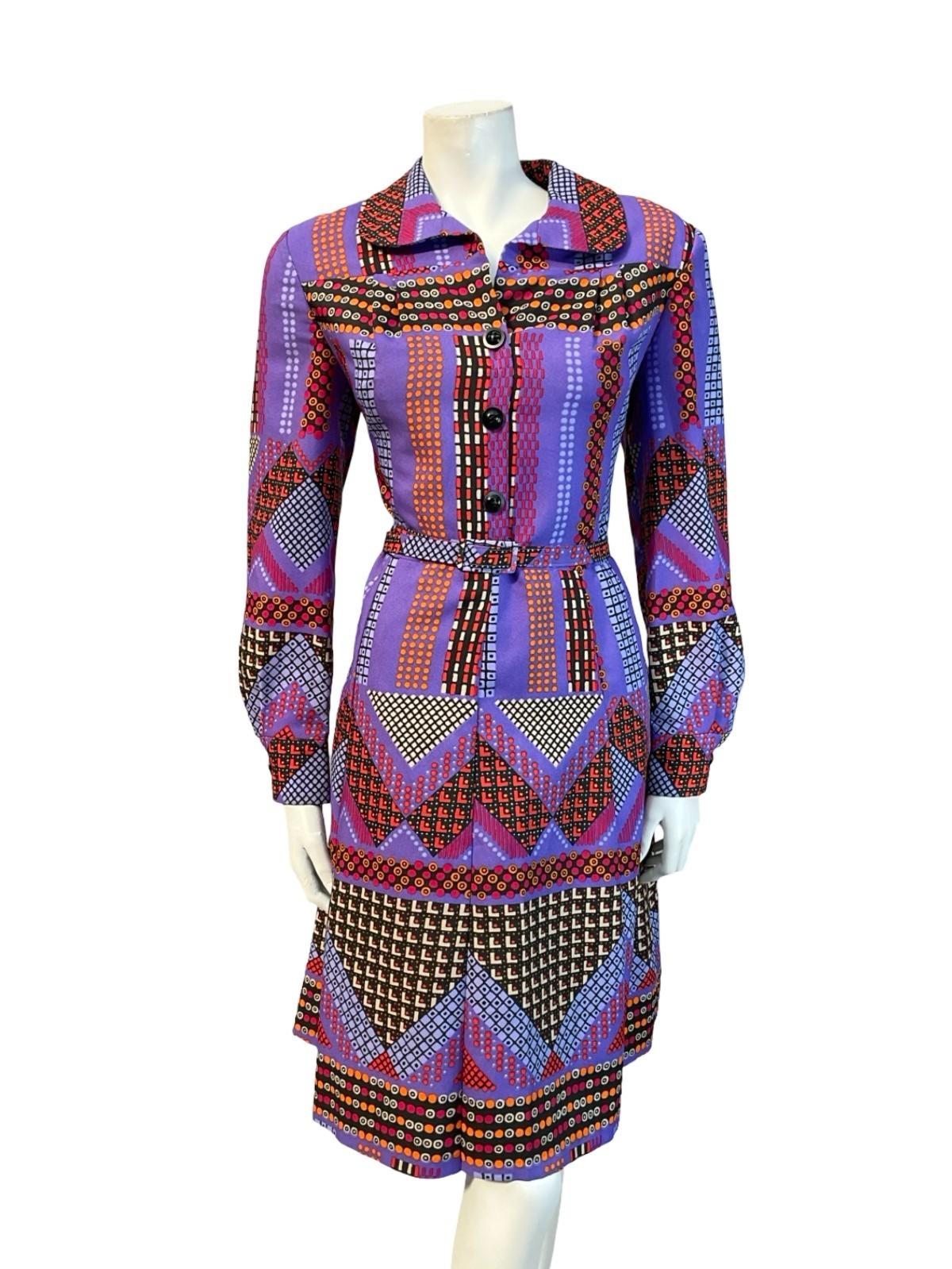 VTG 70S PURPLE RED BLACK ORANGE GEOMETRIC DOTTY PETER PAN BELT SHIRT DRESS 10