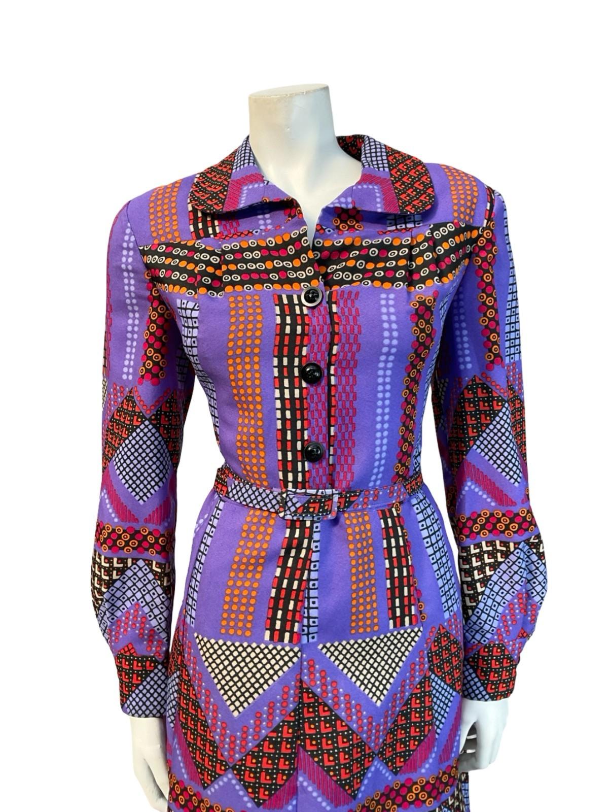 VTG 70S PURPLE RED BLACK ORANGE GEOMETRIC DOTTY PETER PAN BELT SHIRT DRESS 10