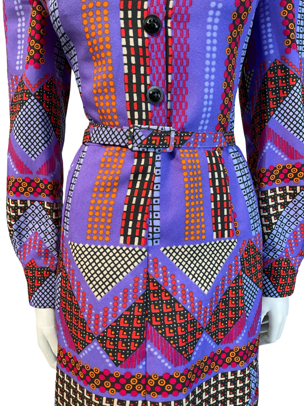 VTG 70S PURPLE RED BLACK ORANGE GEOMETRIC DOTTY PETER PAN BELT SHIRT DRESS 10