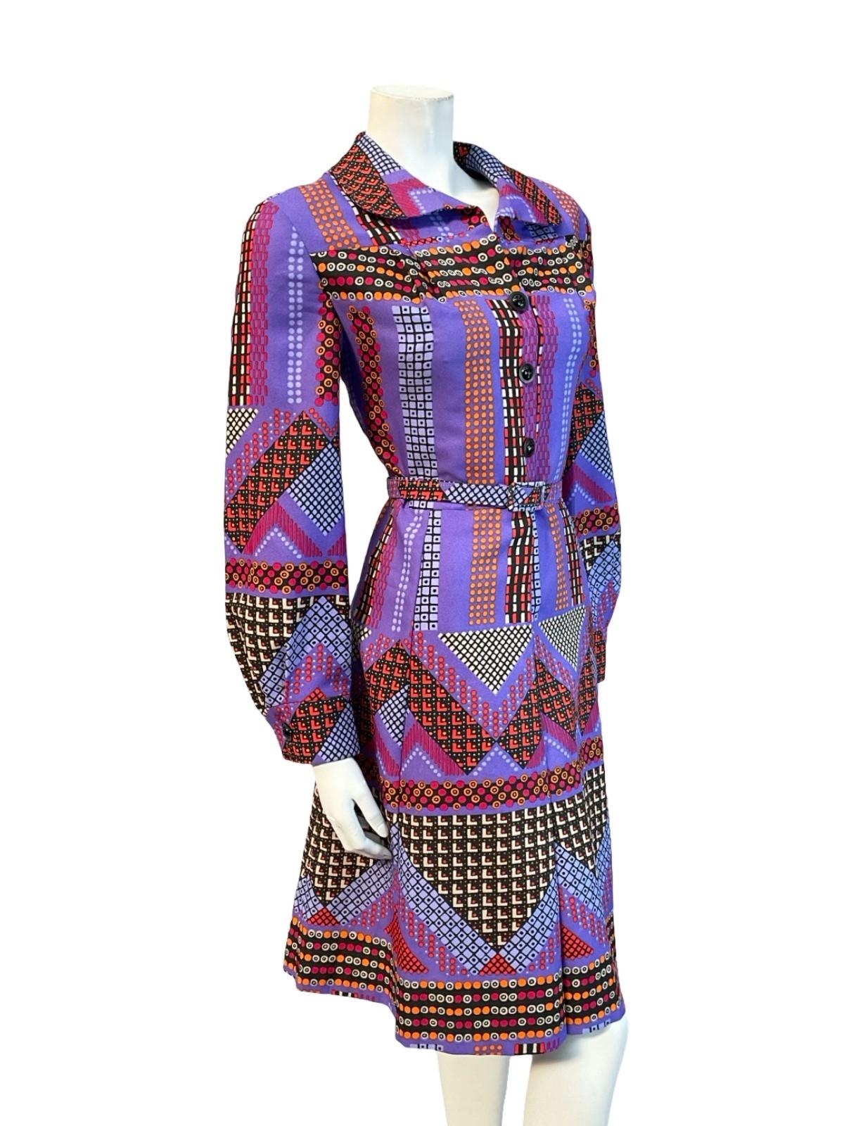 VTG 70S PURPLE RED BLACK ORANGE GEOMETRIC DOTTY PETER PAN BELT SHIRT DRESS 10