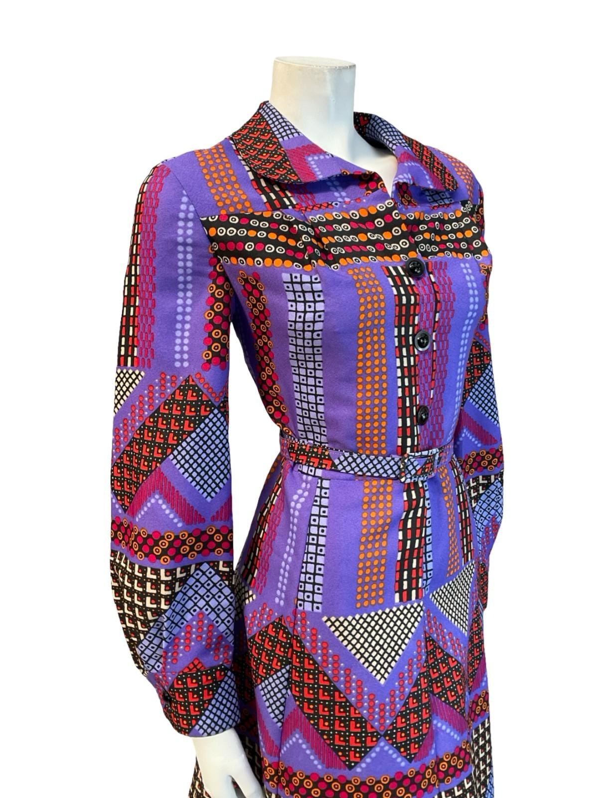 VTG 70S PURPLE RED BLACK ORANGE GEOMETRIC DOTTY PETER PAN BELT SHIRT DRESS 10