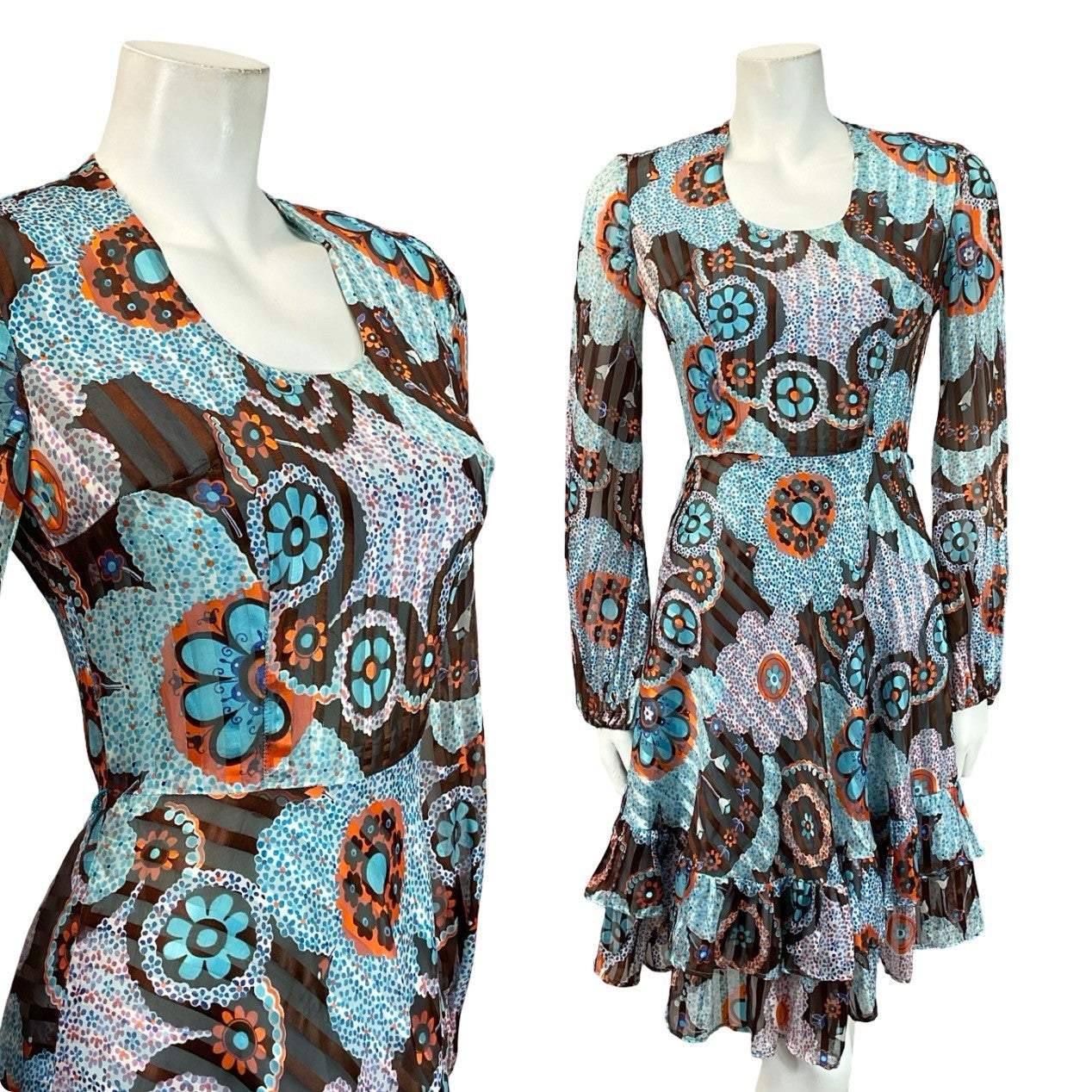 VTG 60S 70S BLUE ORANGE BROWN DOTTY FLORAL STRIPED RUFFLE A LINE DRESS 6 8