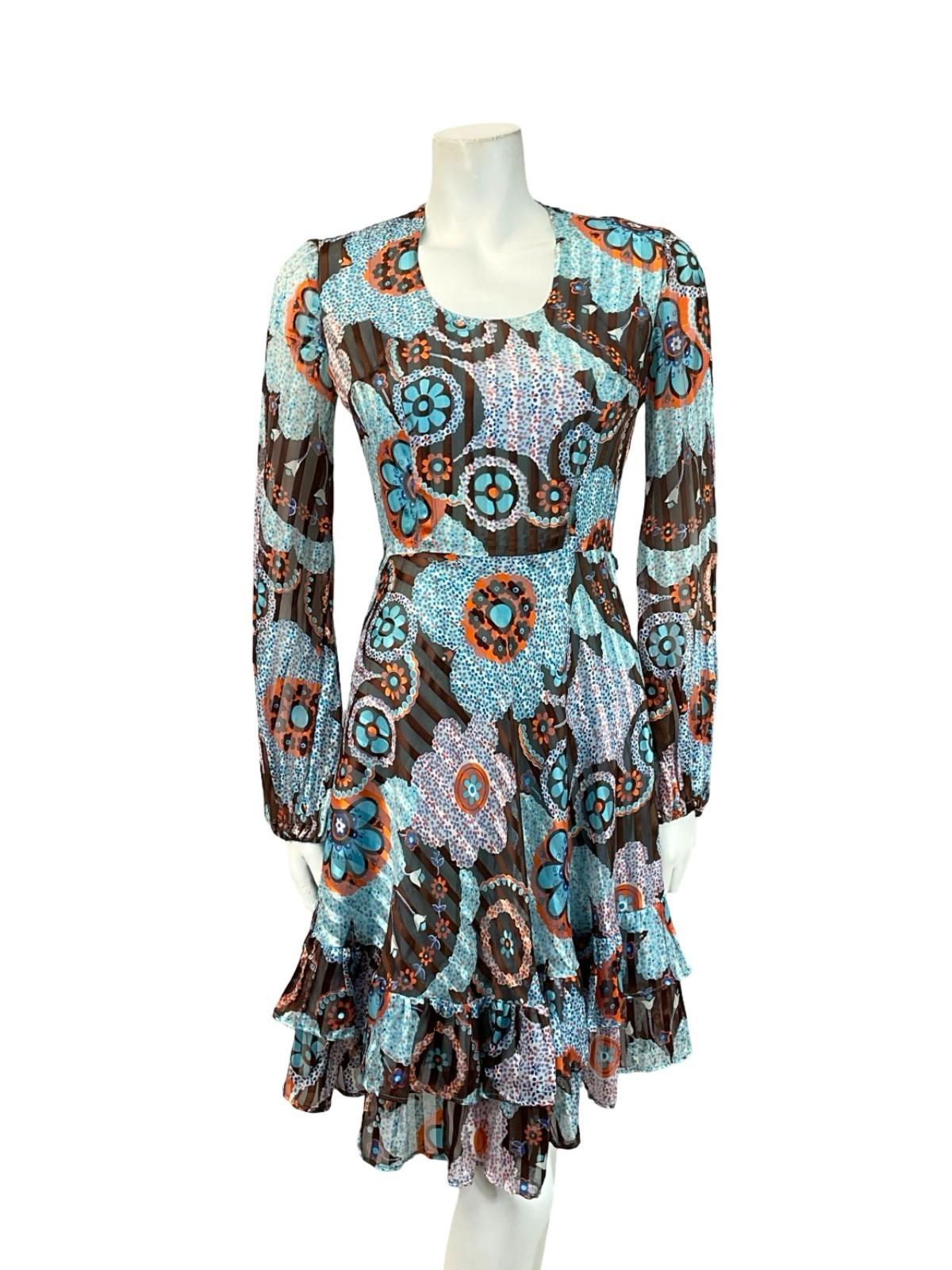 VTG 60S 70S BLUE ORANGE BROWN DOTTY FLORAL STRIPED RUFFLE A LINE DRESS 6 8